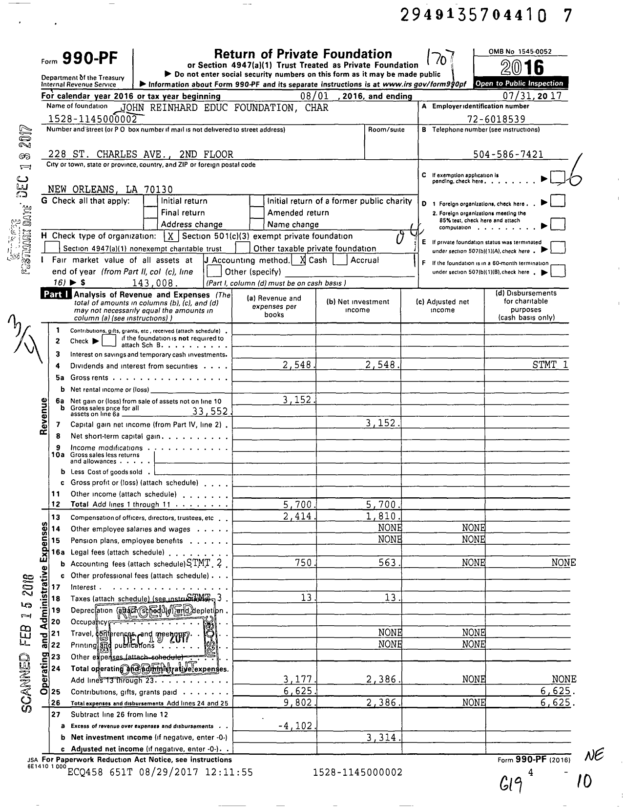 Image of first page of 2016 Form 990PF for John Reinhard Educ Foundation Char