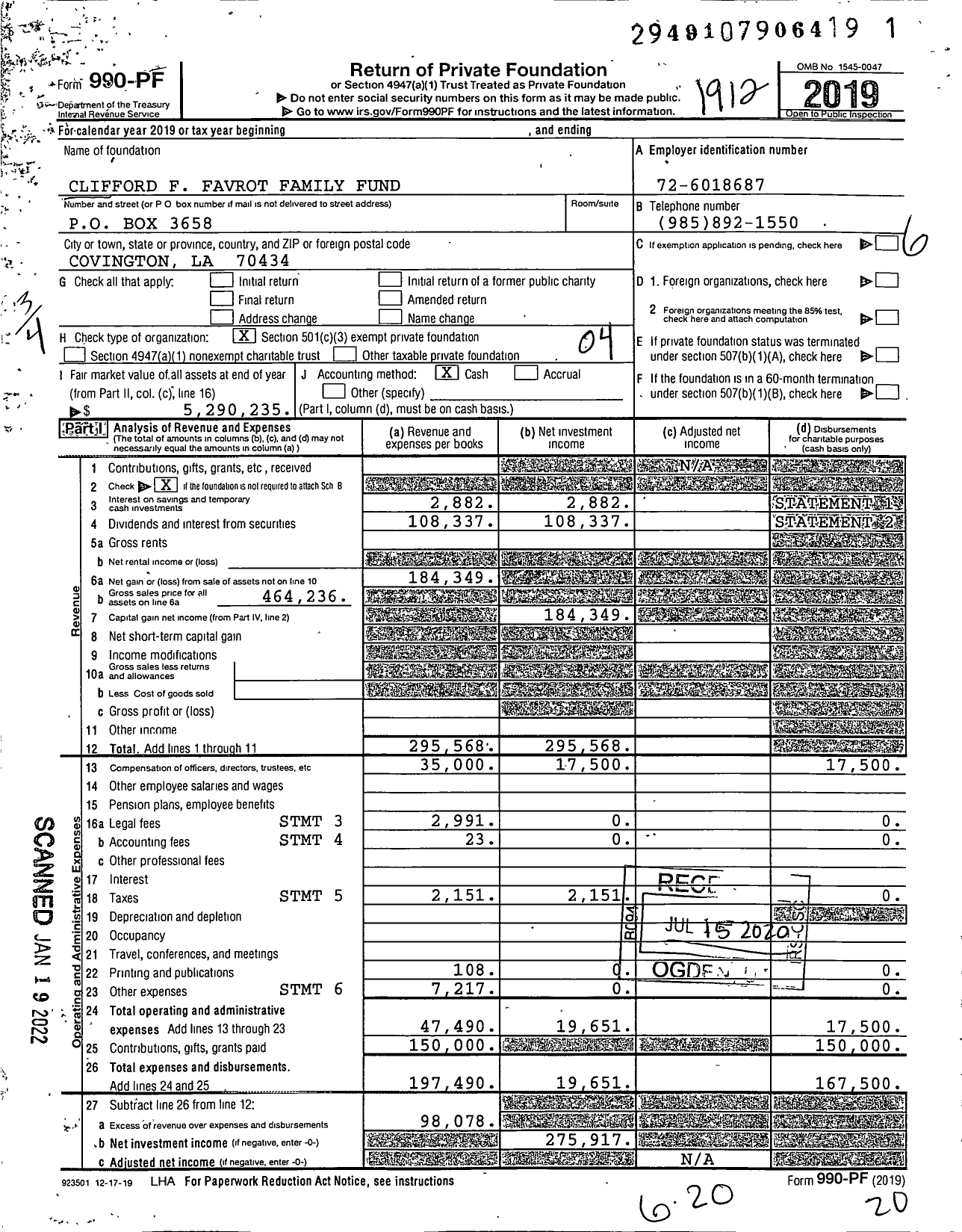 Image of first page of 2019 Form 990PF for Clifford F Favrot Family Fund