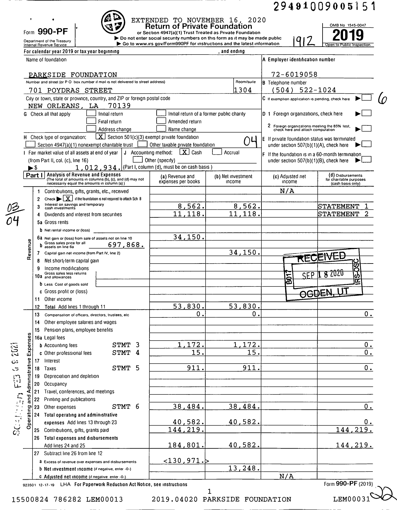 Image of first page of 2019 Form 990PF for Parkside Foundation