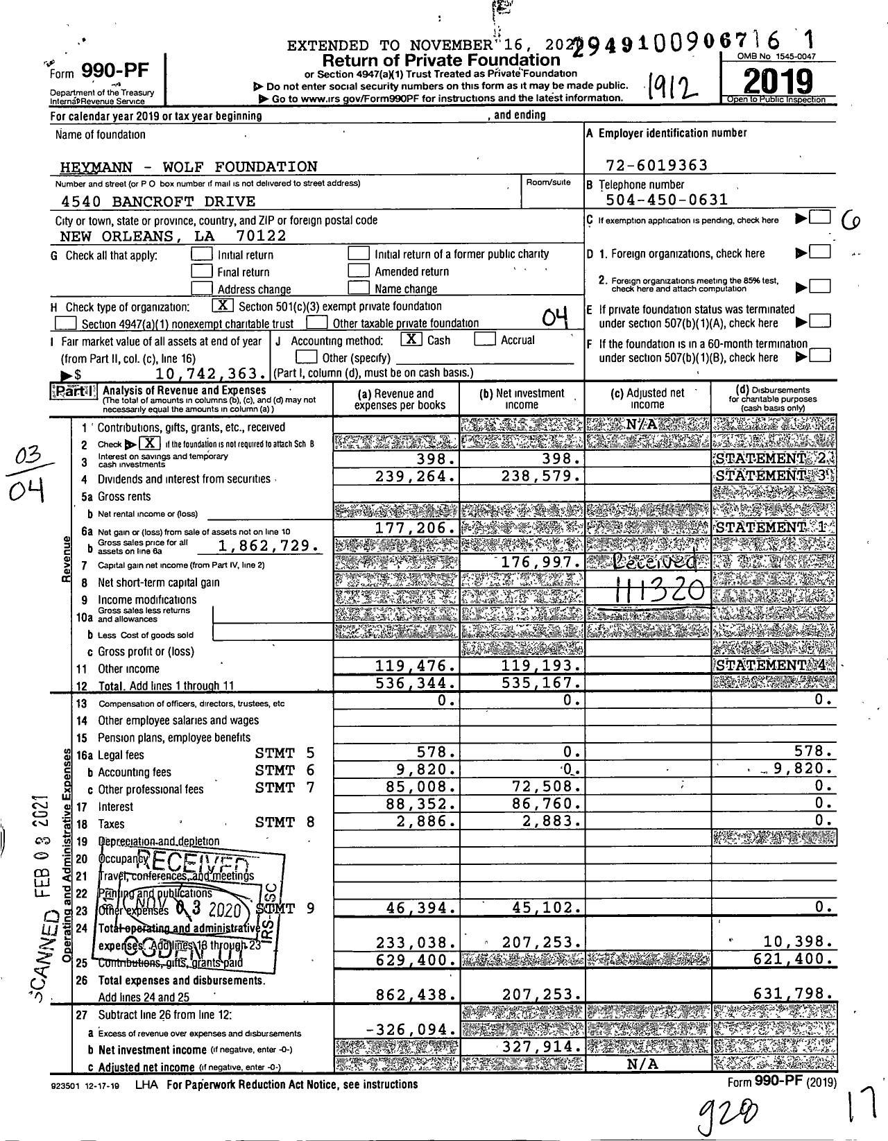 Image of first page of 2019 Form 990PF for Heymann Wolf Foundation