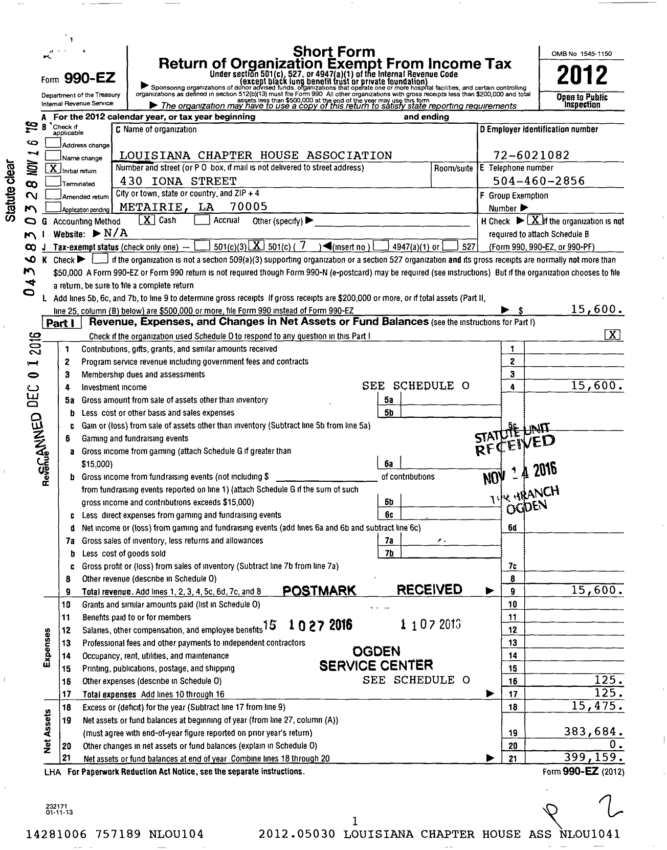 Image of first page of 2012 Form 990EO for Louisiana Chapter House Association