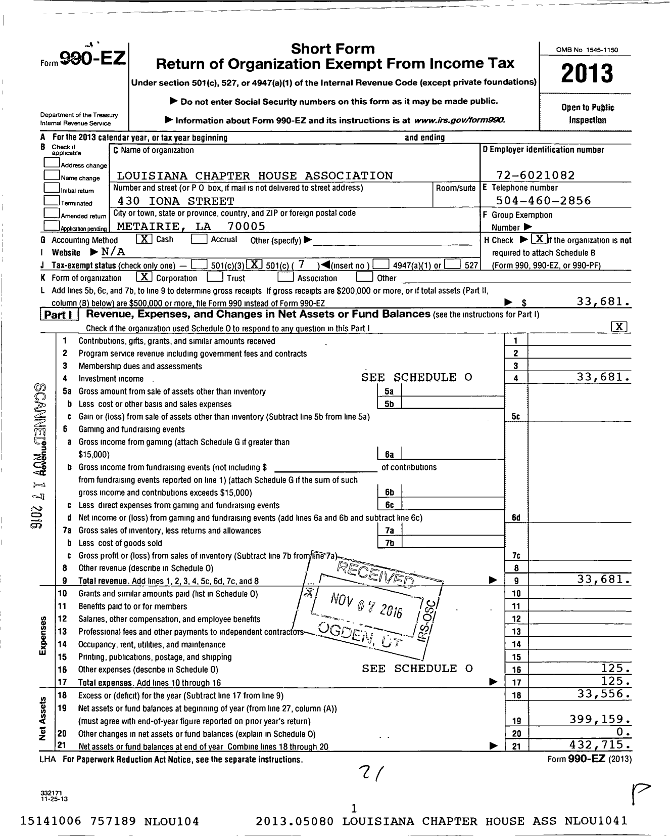 Image of first page of 2013 Form 990EO for Louisiana Chapter House Association