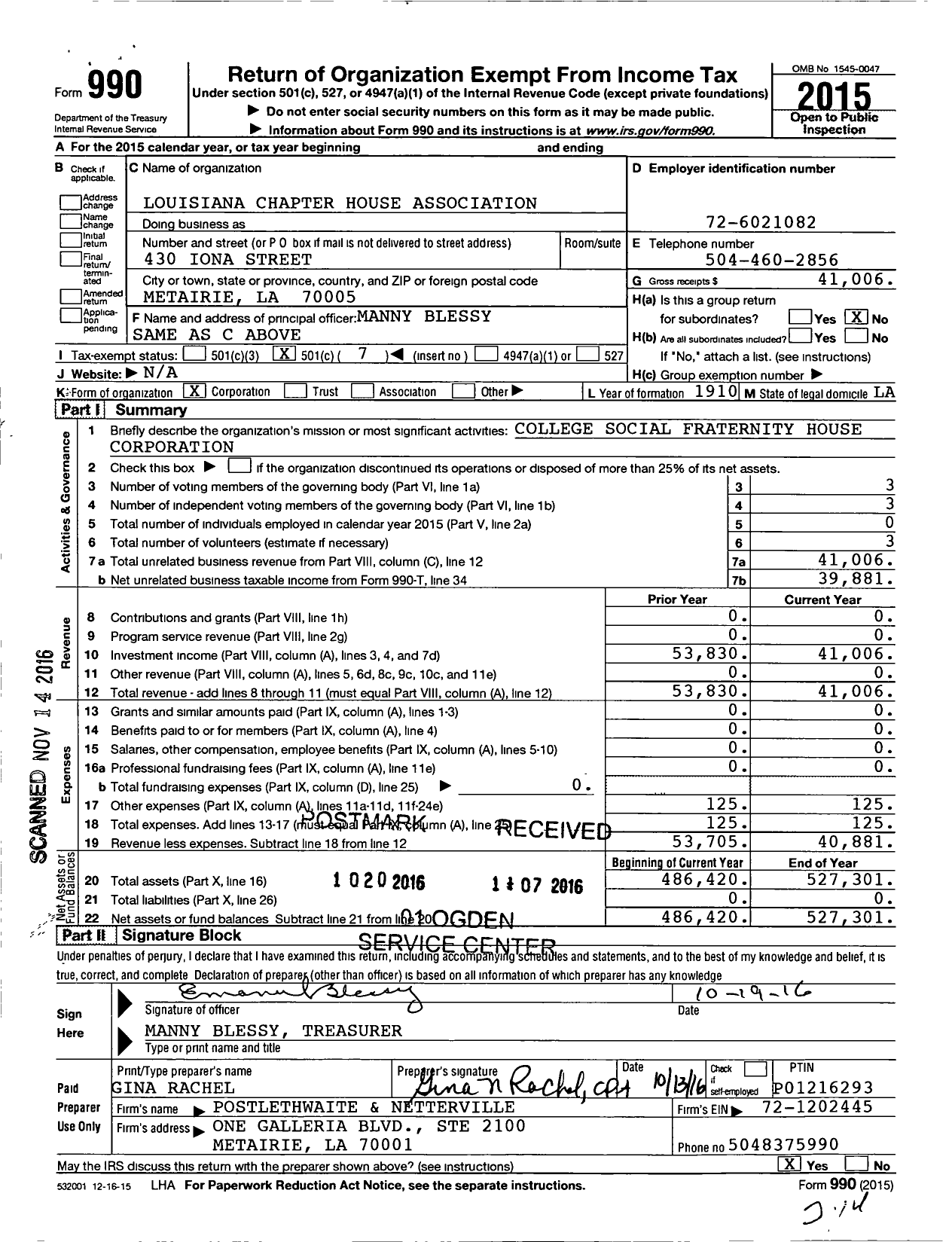 Image of first page of 2015 Form 990O for Louisiana Chapter House Association