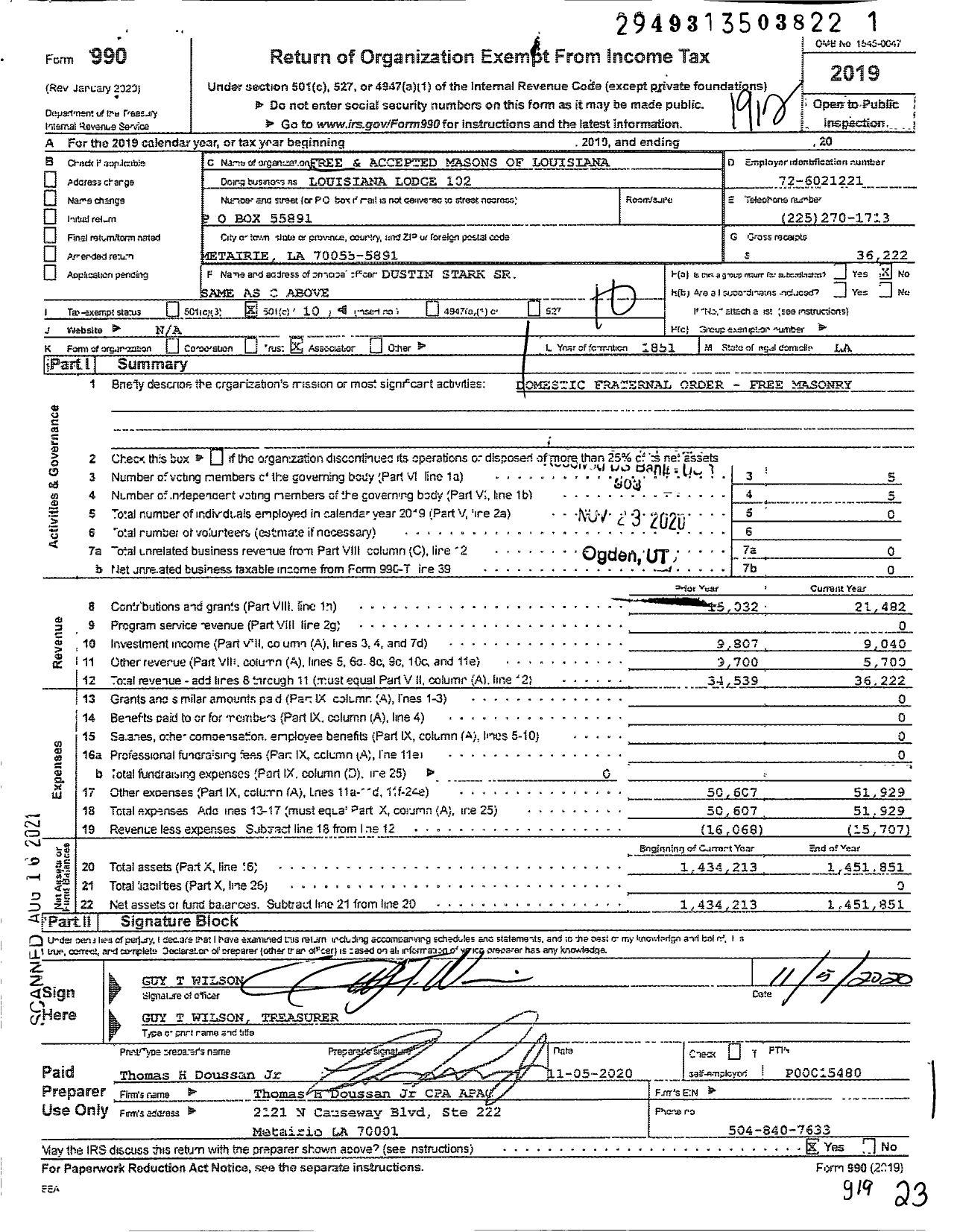 Image of first page of 2019 Form 990O for Free and Accepted Masons of Louisiana - Louisiana Lodge 102