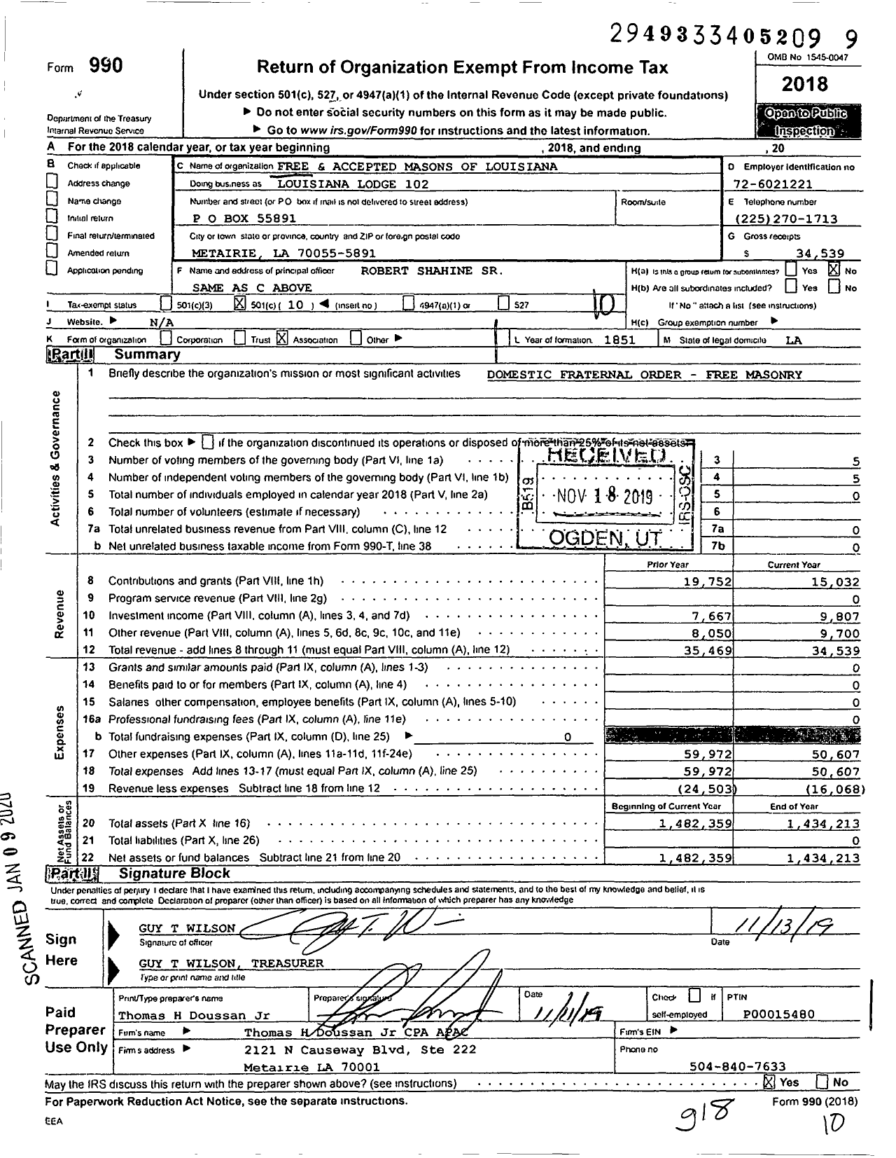 Image of first page of 2018 Form 990O for Free and Accepted Masons of Louisiana - Louisiana Lodge 102