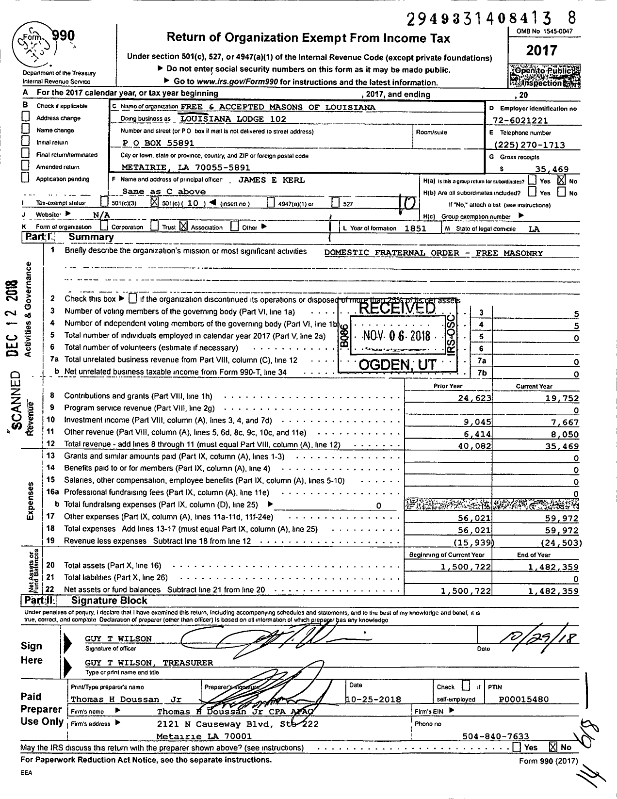 Image of first page of 2017 Form 990O for Free and Accepted Masons of Louisiana - Louisiana Lodge 102