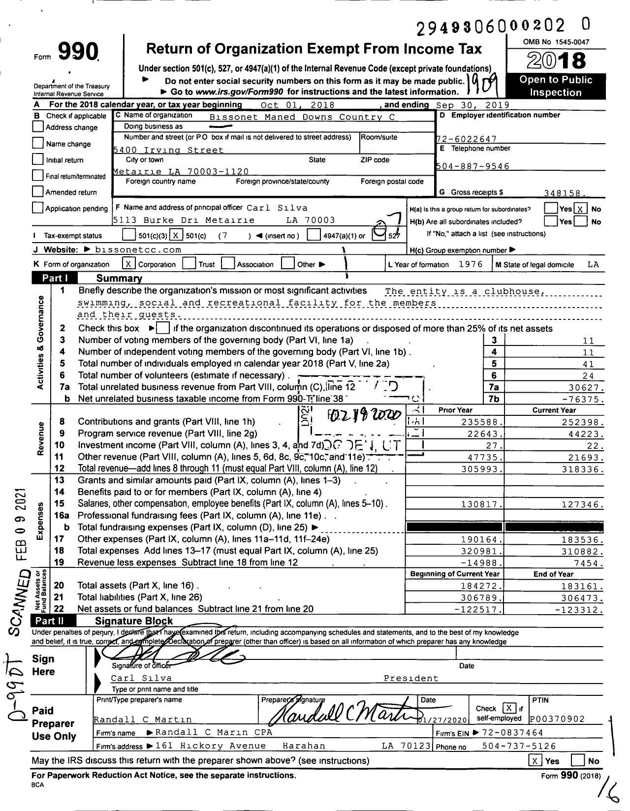 Image of first page of 2018 Form 990O for Bissonet Maned Downs Country C