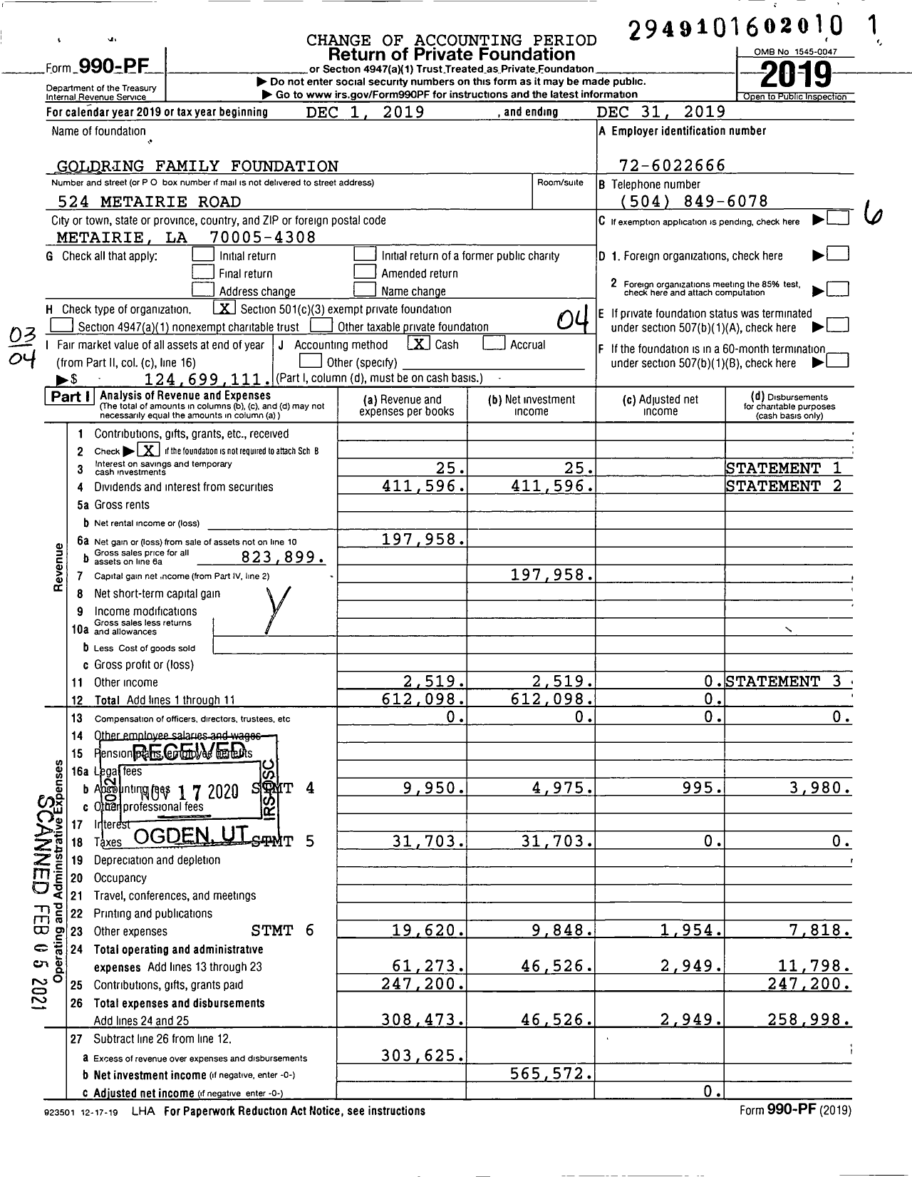 Image of first page of 2019 Form 990PF for Goldring Family Foundation