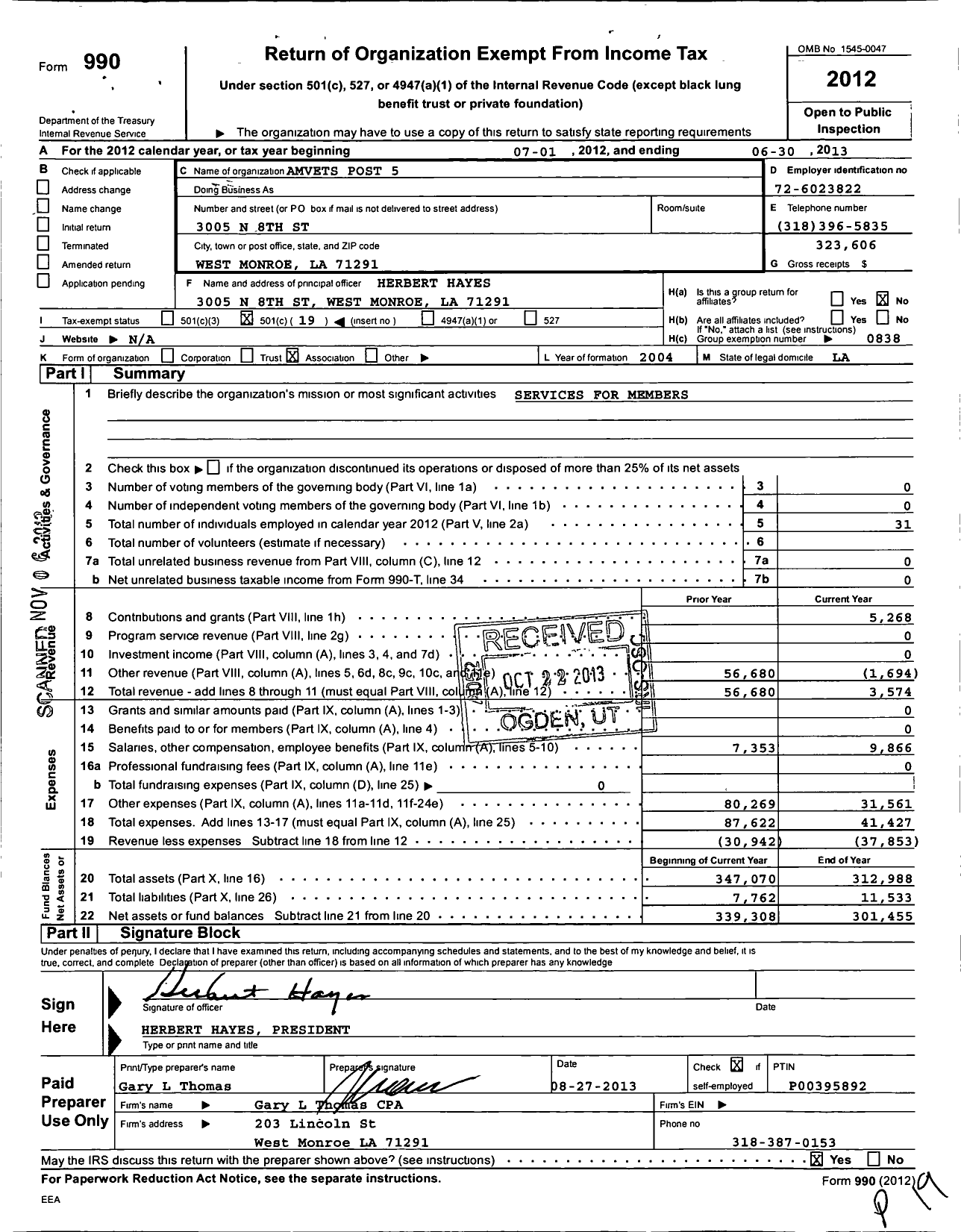 Image of first page of 2012 Form 990O for Amvets - Amvets Post 5