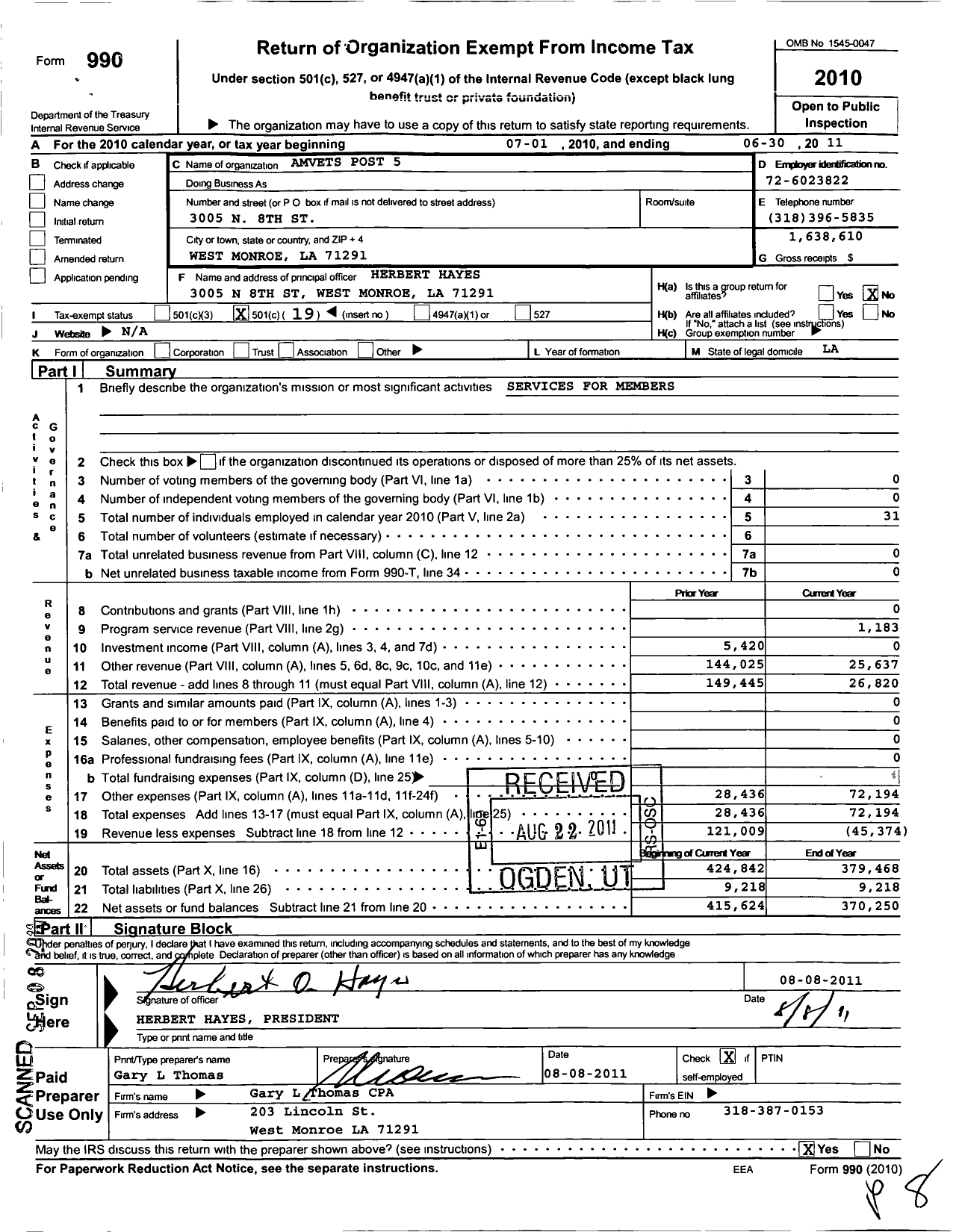 Image of first page of 2010 Form 990O for Amvets - Amvets Post 5