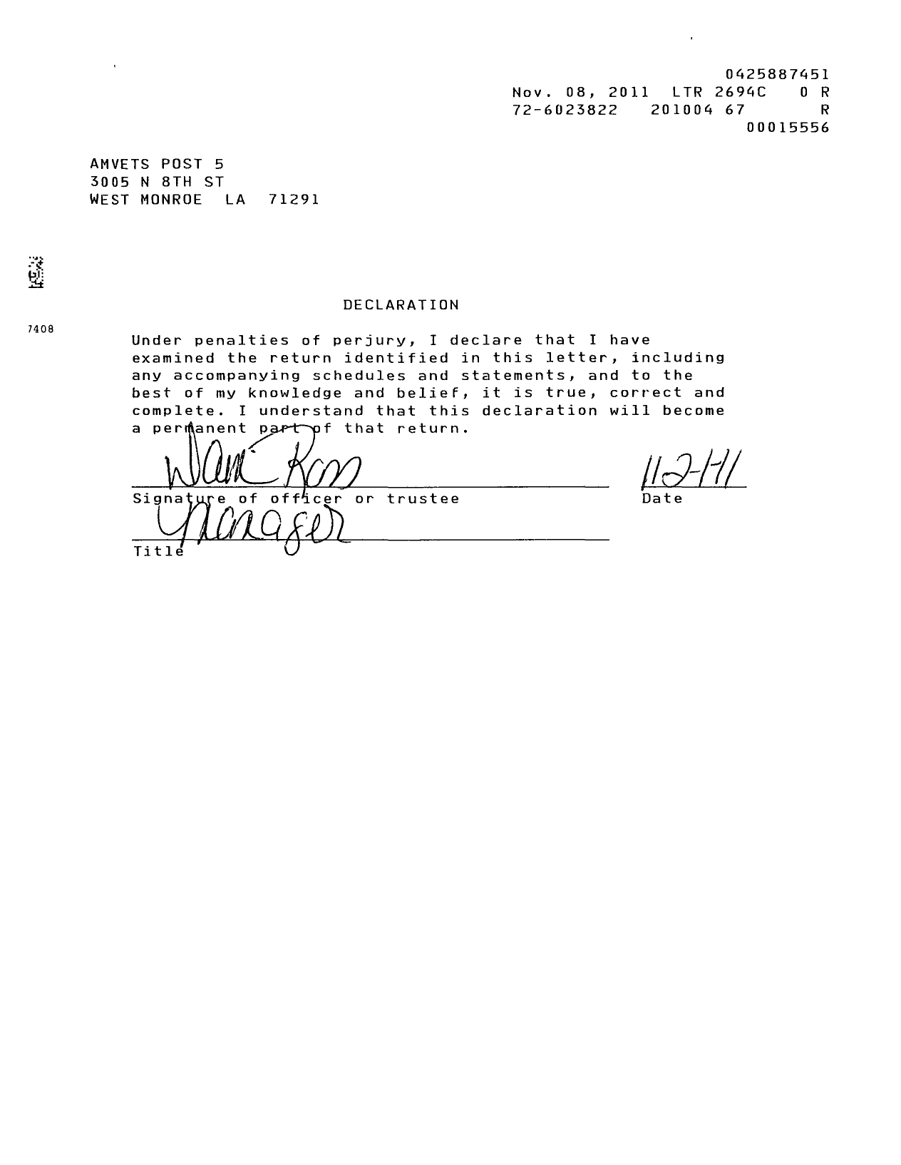 Image of first page of 2009 Form 990OR for Amvets - Amvets Post 5