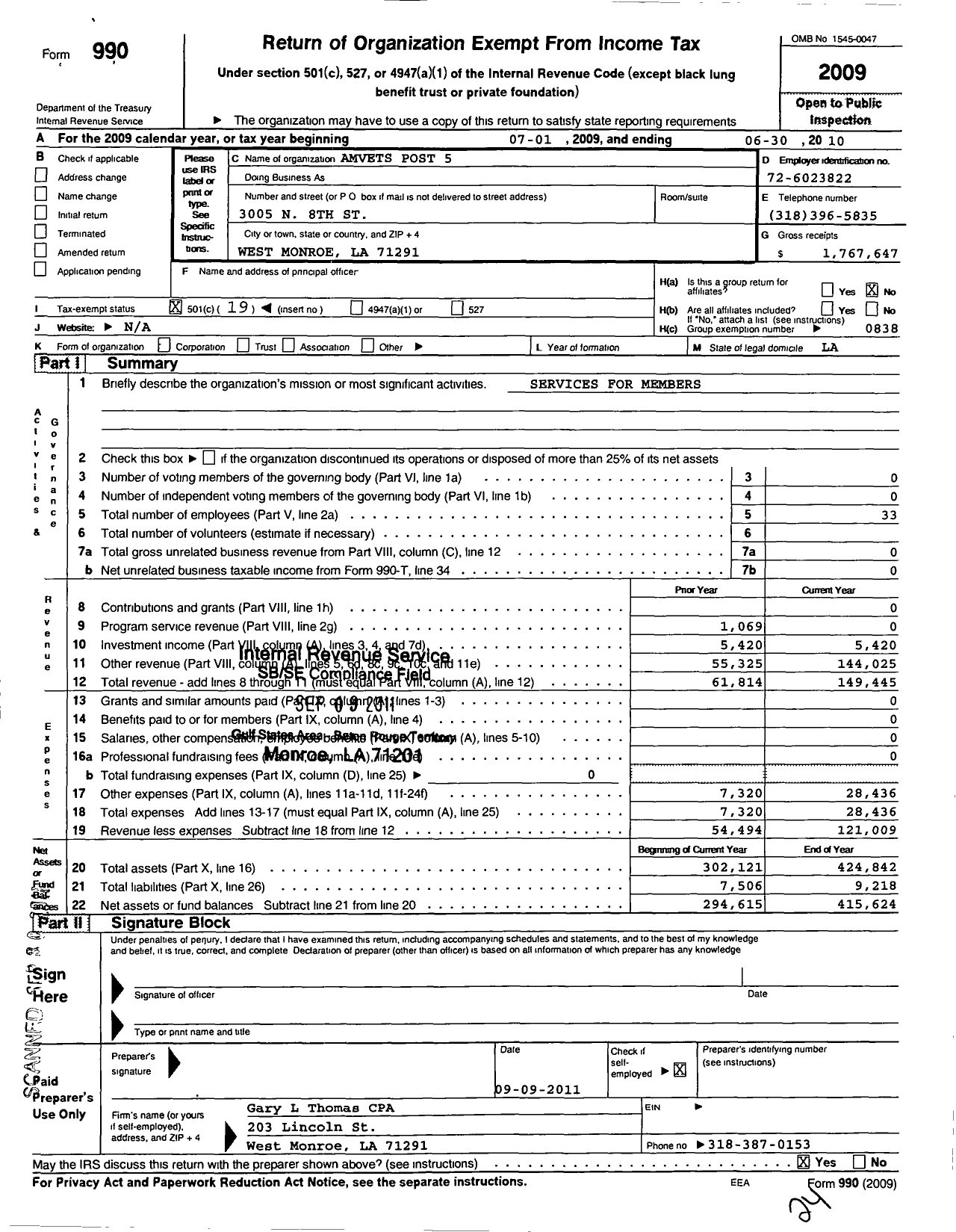 Image of first page of 2009 Form 990O for Amvets - Amvets Post 5