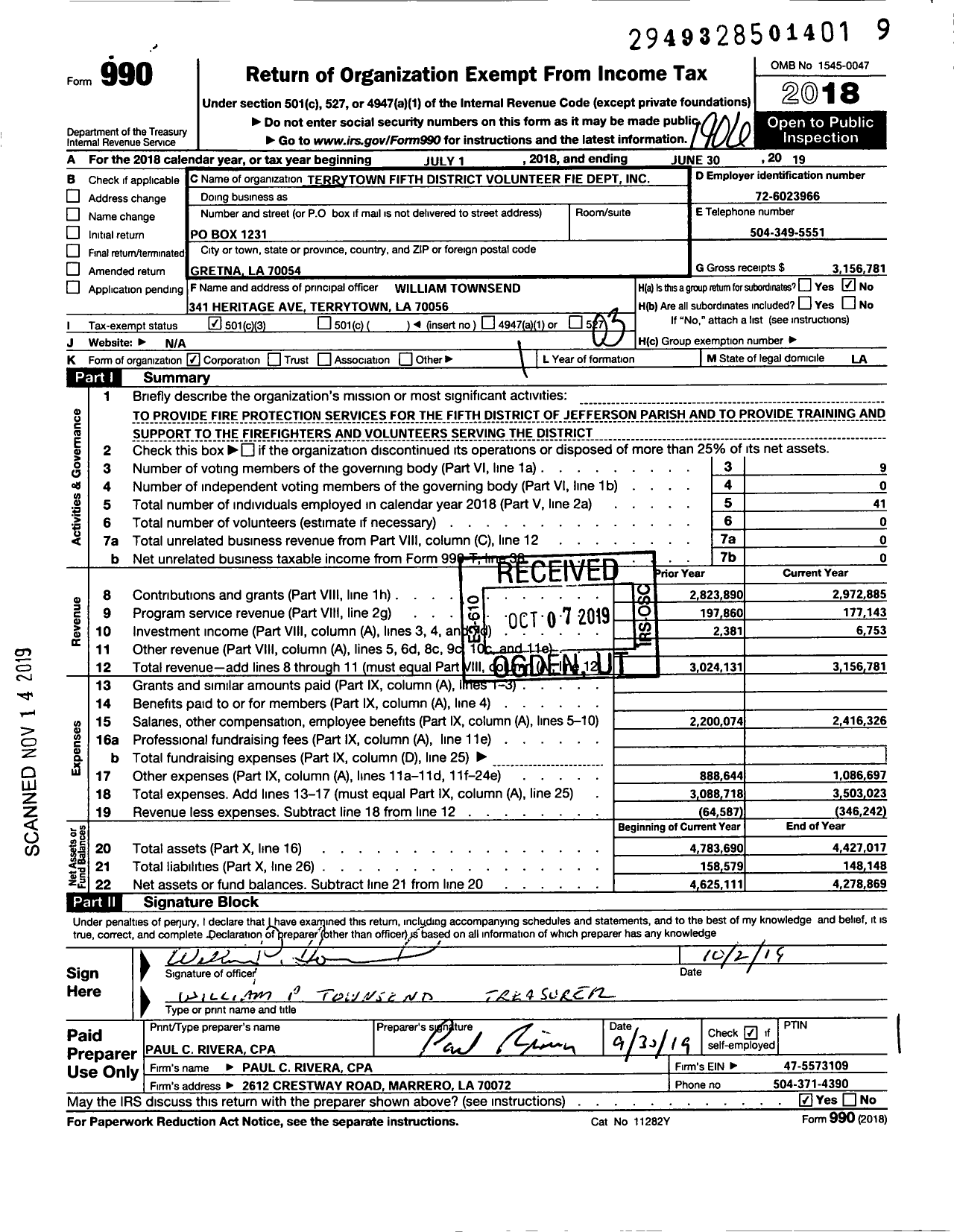 Image of first page of 2018 Form 990 for Terrytown Fifth District Volunteer Fire Department