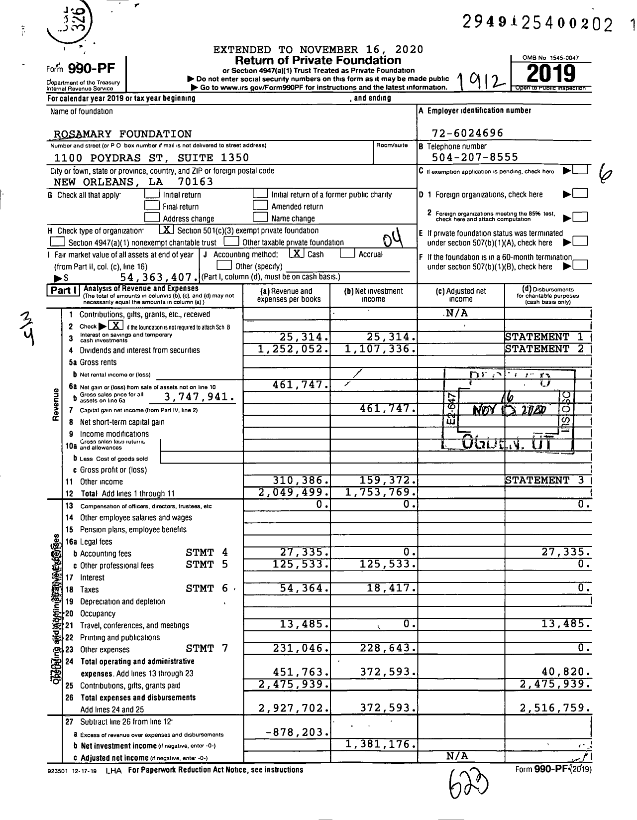 Image of first page of 2019 Form 990PF for Rosamary Foundation