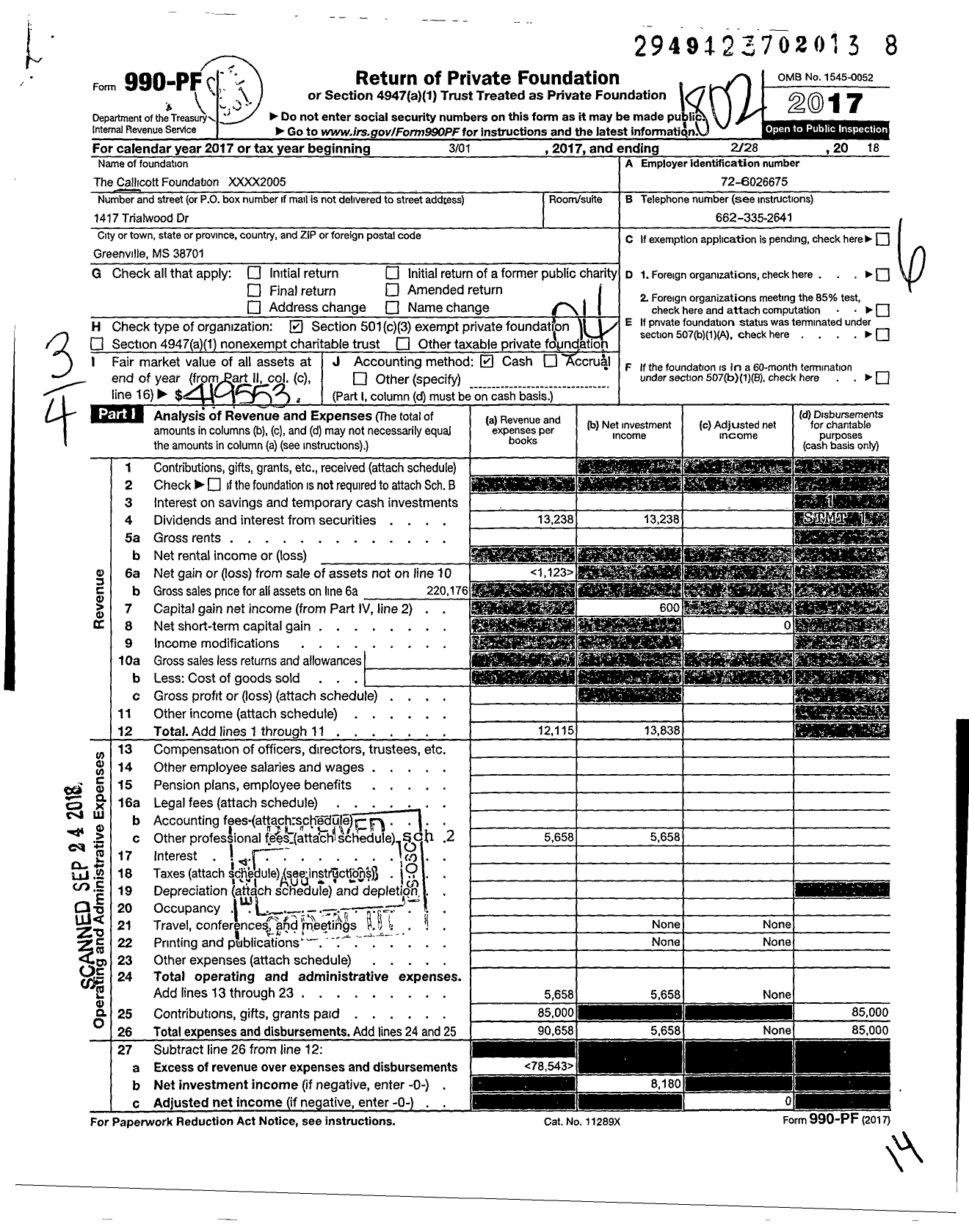 Image of first page of 2017 Form 990PF for The Callicott Foundation