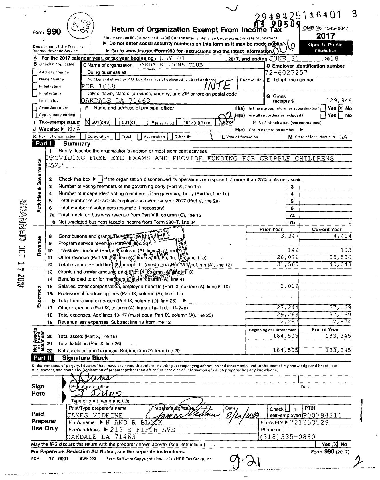 Image of first page of 2017 Form 990 for Lions Clubs - 3884 Oakdale