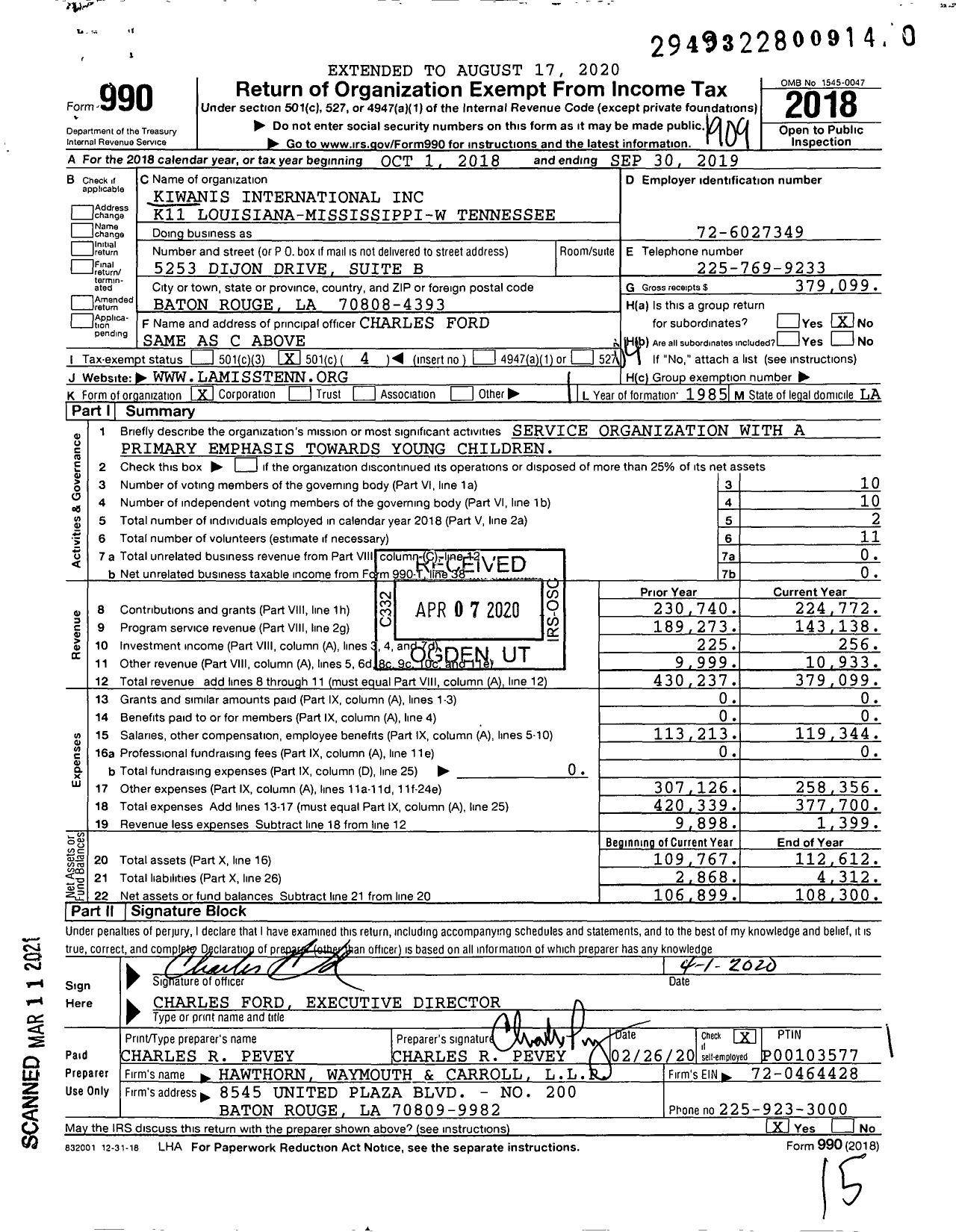 Image of first page of 2018 Form 990O for KIWANIS INTERNATIONAL - K11 Louisiana-Mississippi-W Tenness