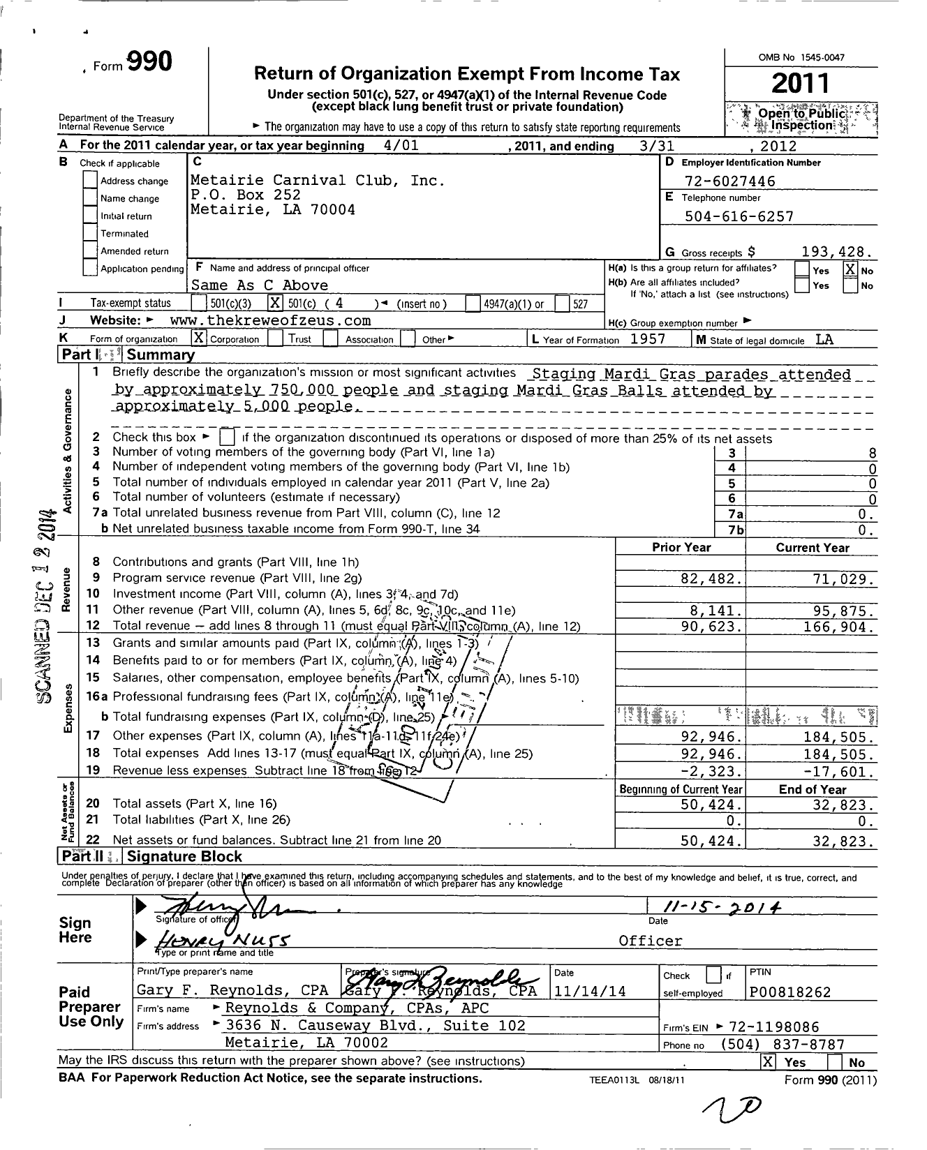 Image of first page of 2011 Form 990O for Metairie Carnival Club