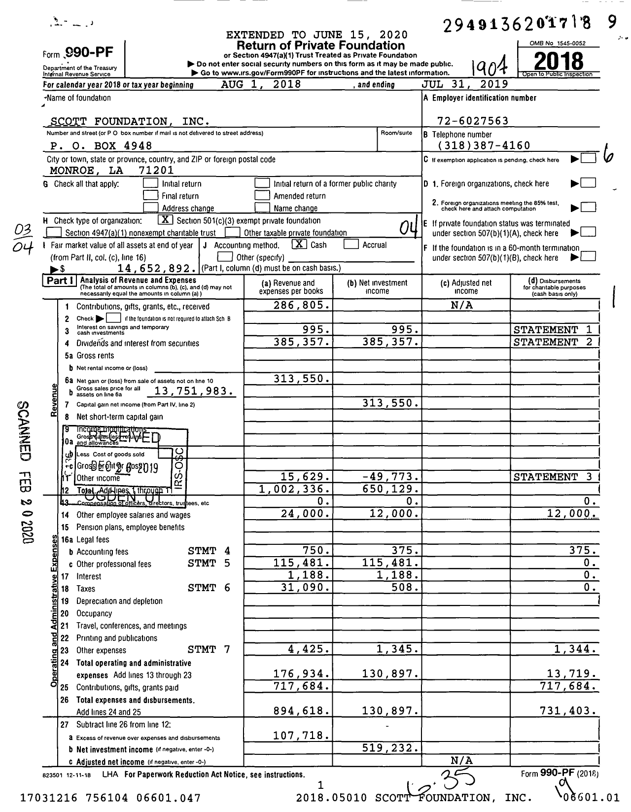 Image of first page of 2018 Form 990PR for The Scott Foundation