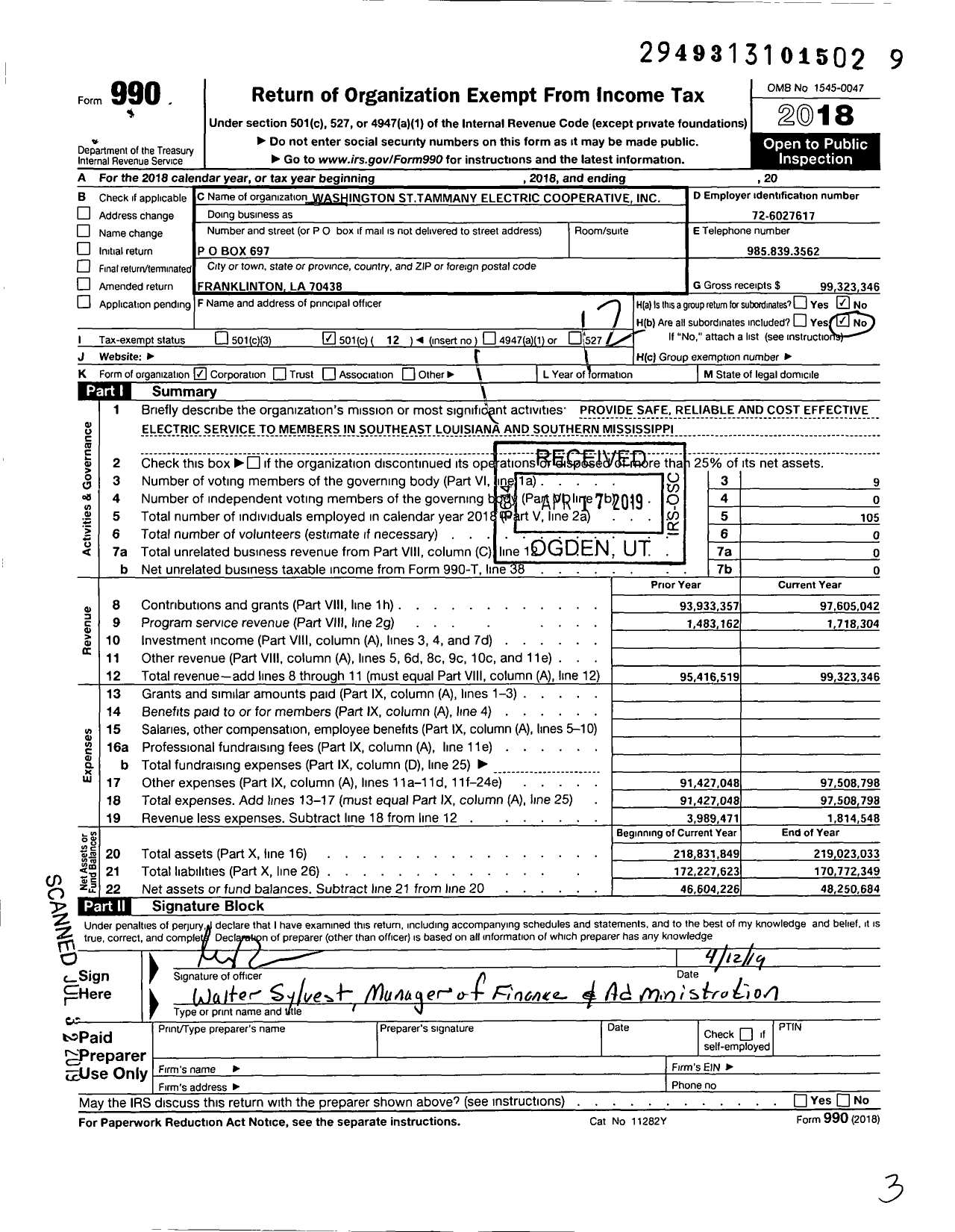Image of first page of 2018 Form 990O for Washington-St Tammany Electric Cooperative 1570