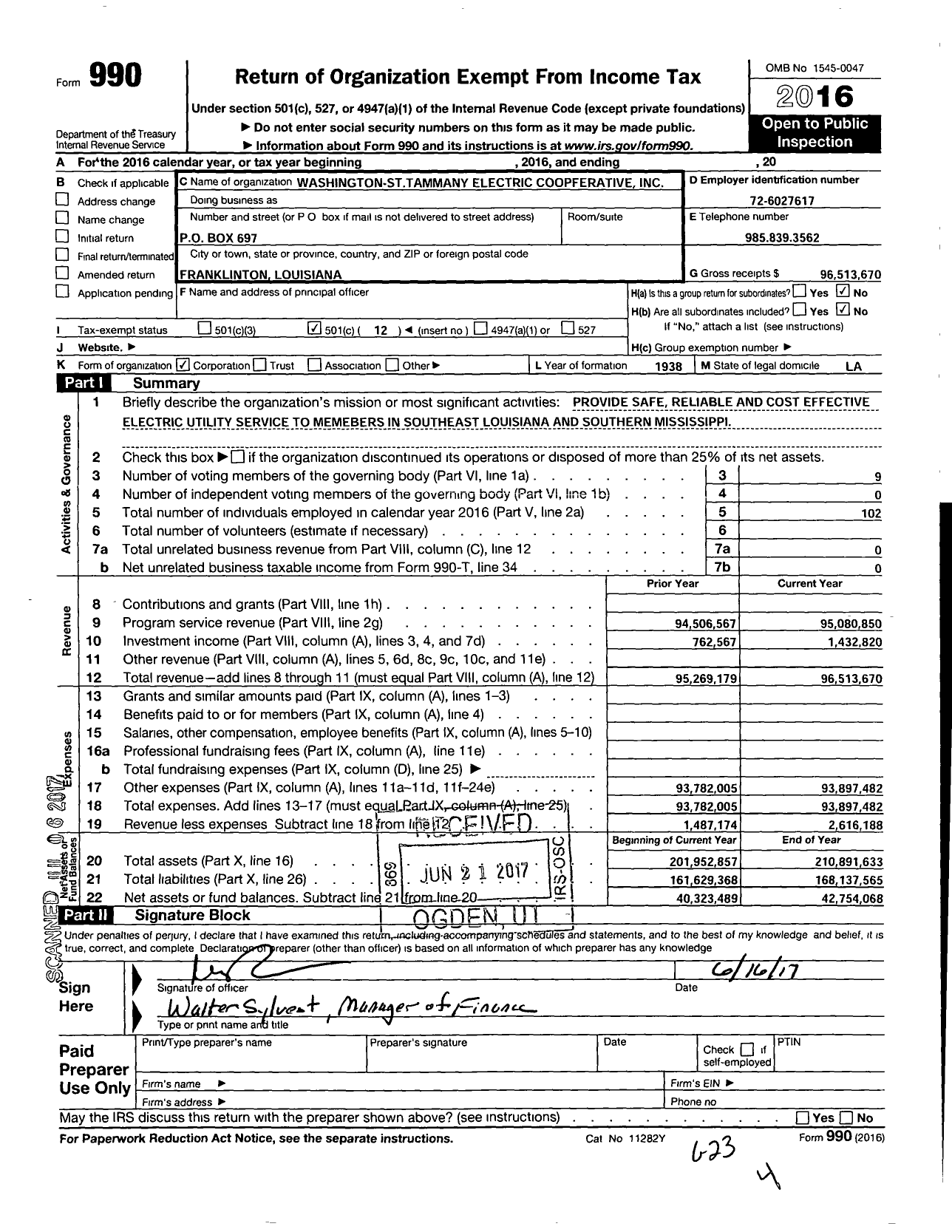 Image of first page of 2016 Form 990O for Washington-St Tammany Electric Cooperative 1570