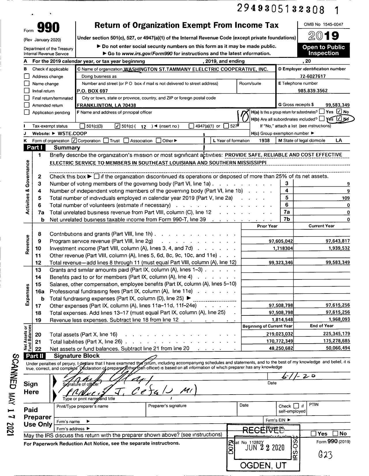 Image of first page of 2019 Form 990O for Washington-St Tammany Electric Cooperative 1570