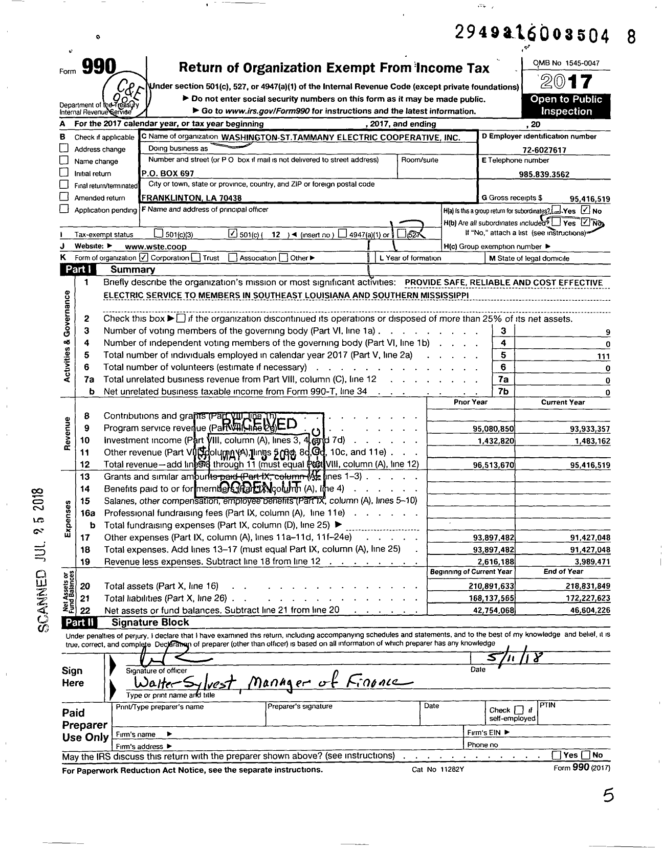 Image of first page of 2017 Form 990O for Washington-St Tammany Electric Cooperative 1570
