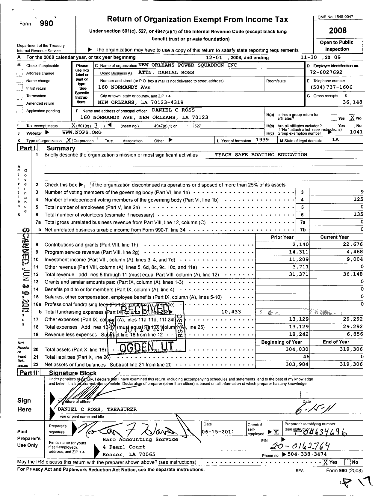 Image of first page of 2008 Form 990 for United States Power Squadrons - 15 New Orleans Power Squadron