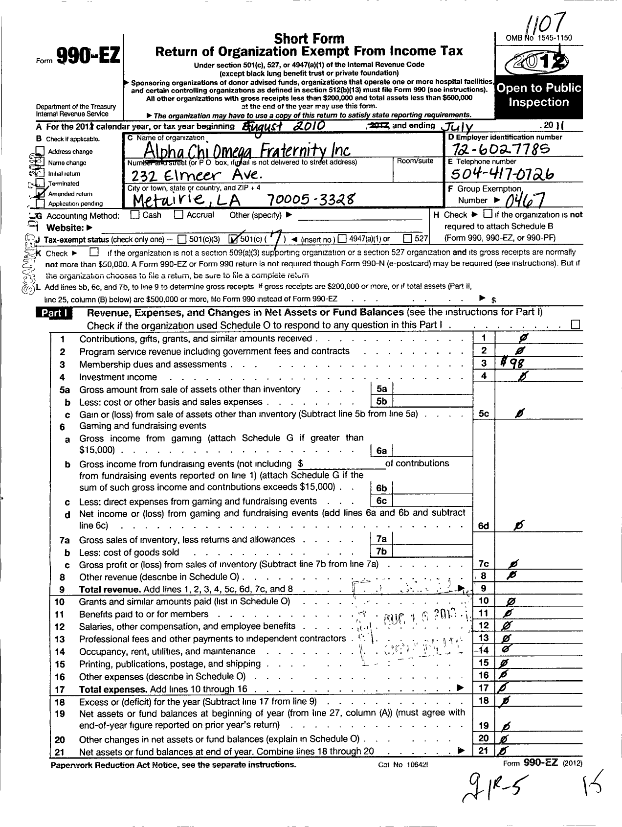 Image of first page of 2010 Form 990EO for Alpha Chi Omega Fraternity - Gamma Omega Gamma New Orleans Alumn