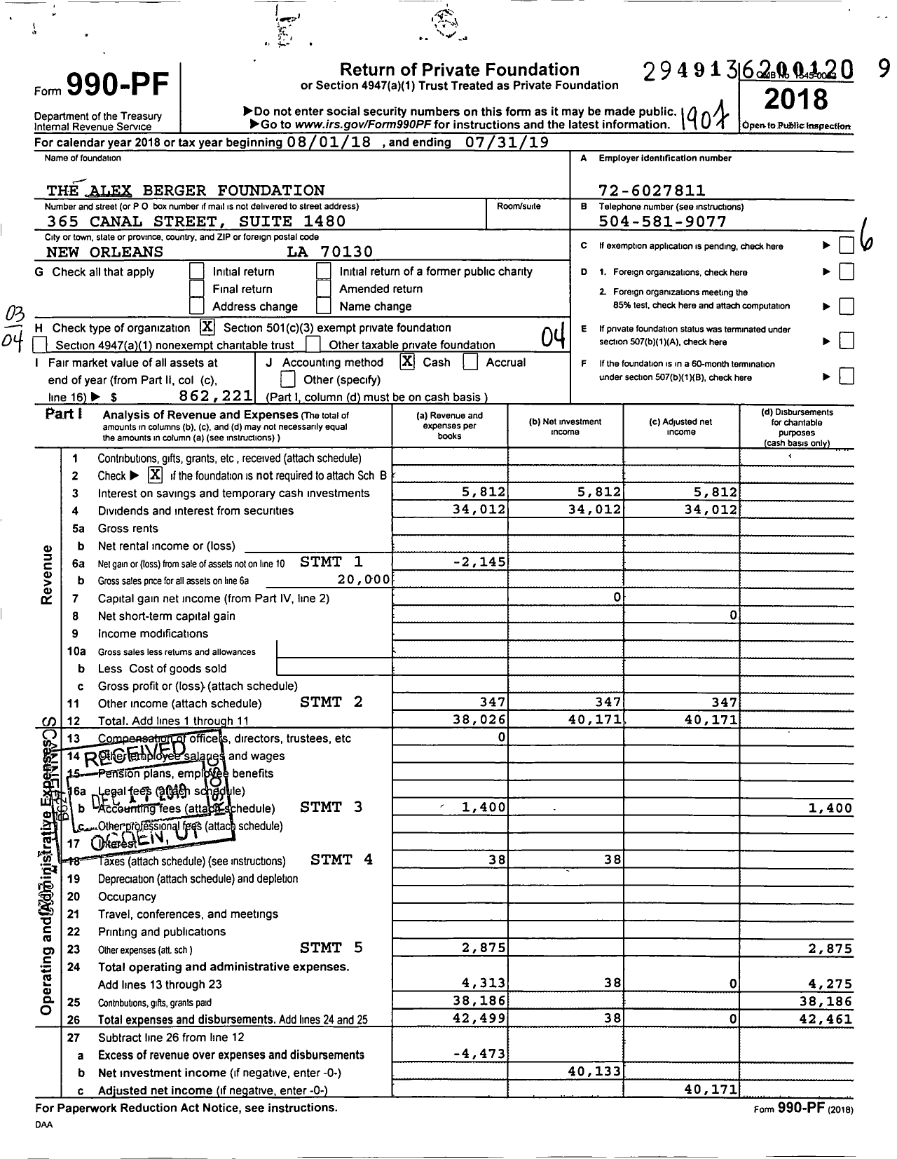 Image of first page of 2018 Form 990PF for The Alex Berger Foundation