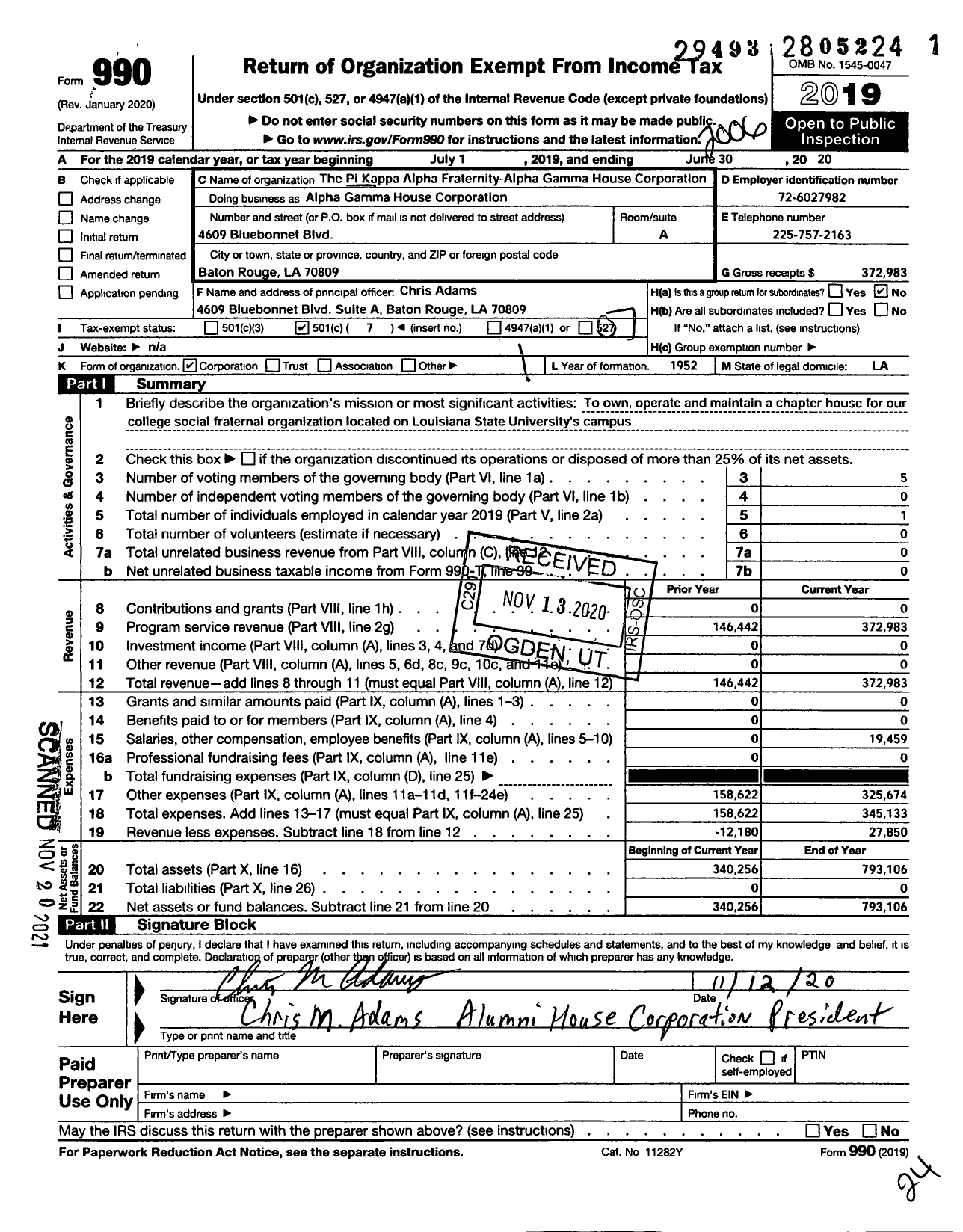 Image of first page of 2019 Form 990O for PI KAPPA Alpha FRATERNITY - Alpha Gamma House Corporation