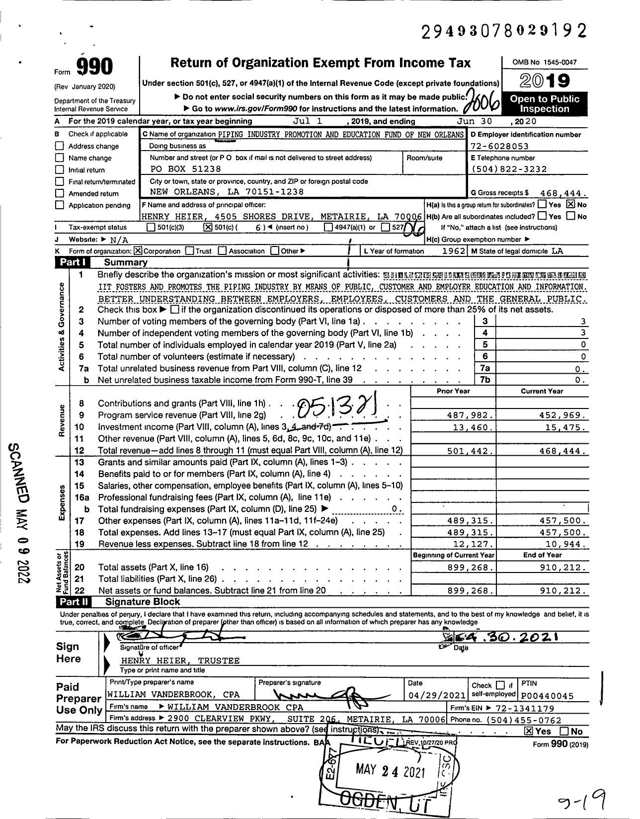 Image of first page of 2019 Form 990O for Piping Industry Promotion and Education Fund of New Orleans