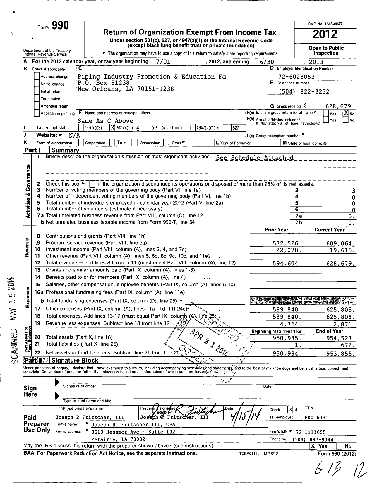 Image of first page of 2012 Form 990O for Piping Industry Promotion and Education Fund of New Orleans