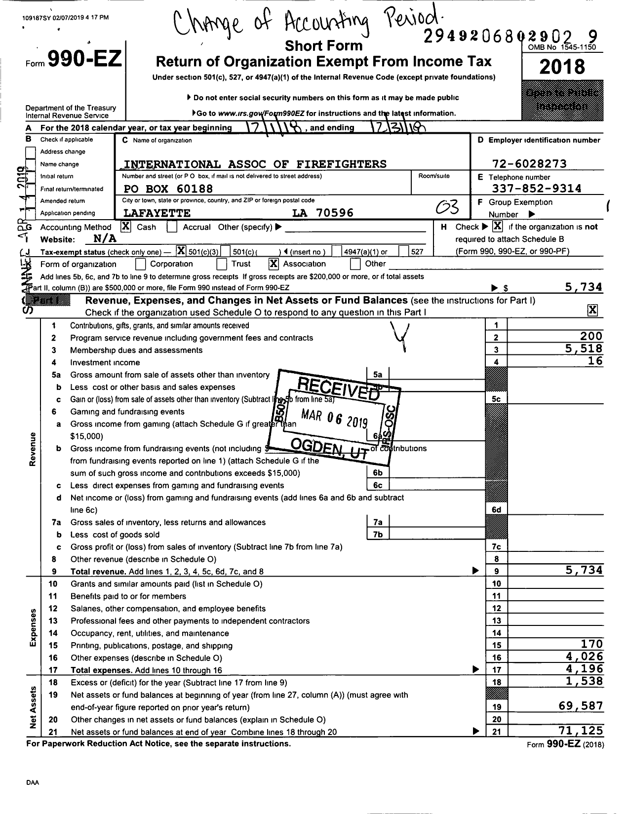 Image of first page of 2018 Form 990EZ for International Association of Fire Fighters - 0619l Layfayette