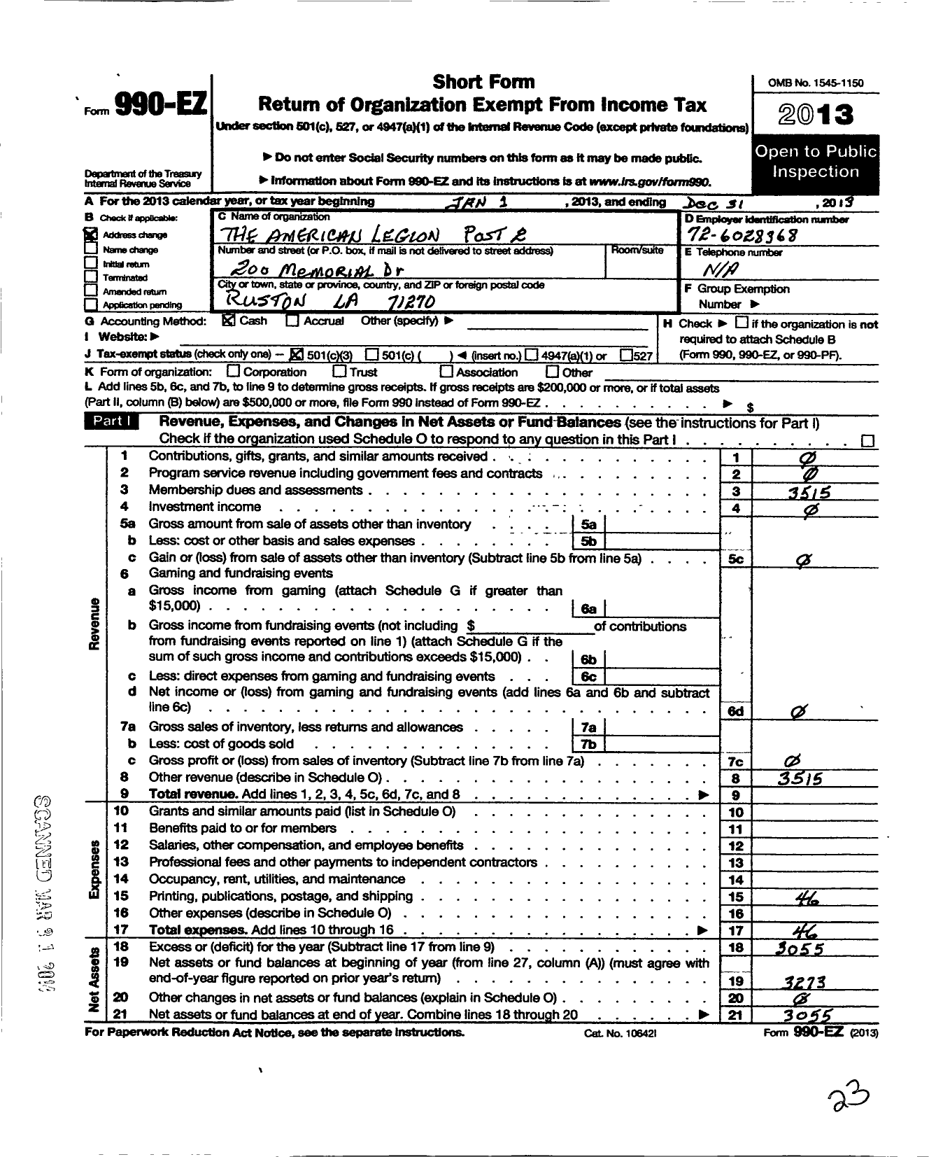 Image of first page of 2013 Form 990EZ for American legion - 0002 Mcfarland Mccallum