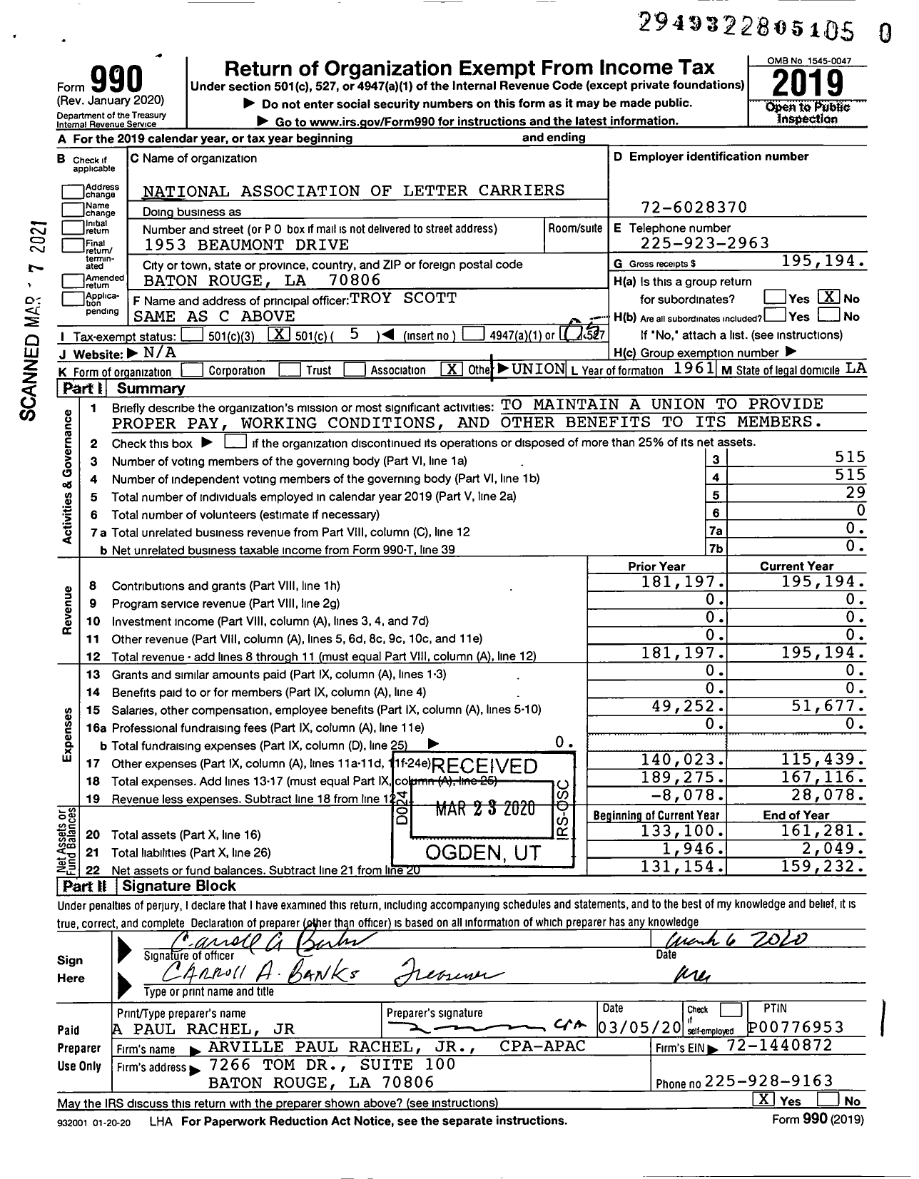 Image of first page of 2019 Form 990O for National Association of Letter Carriers - 129 Baton Rouge Louisiana