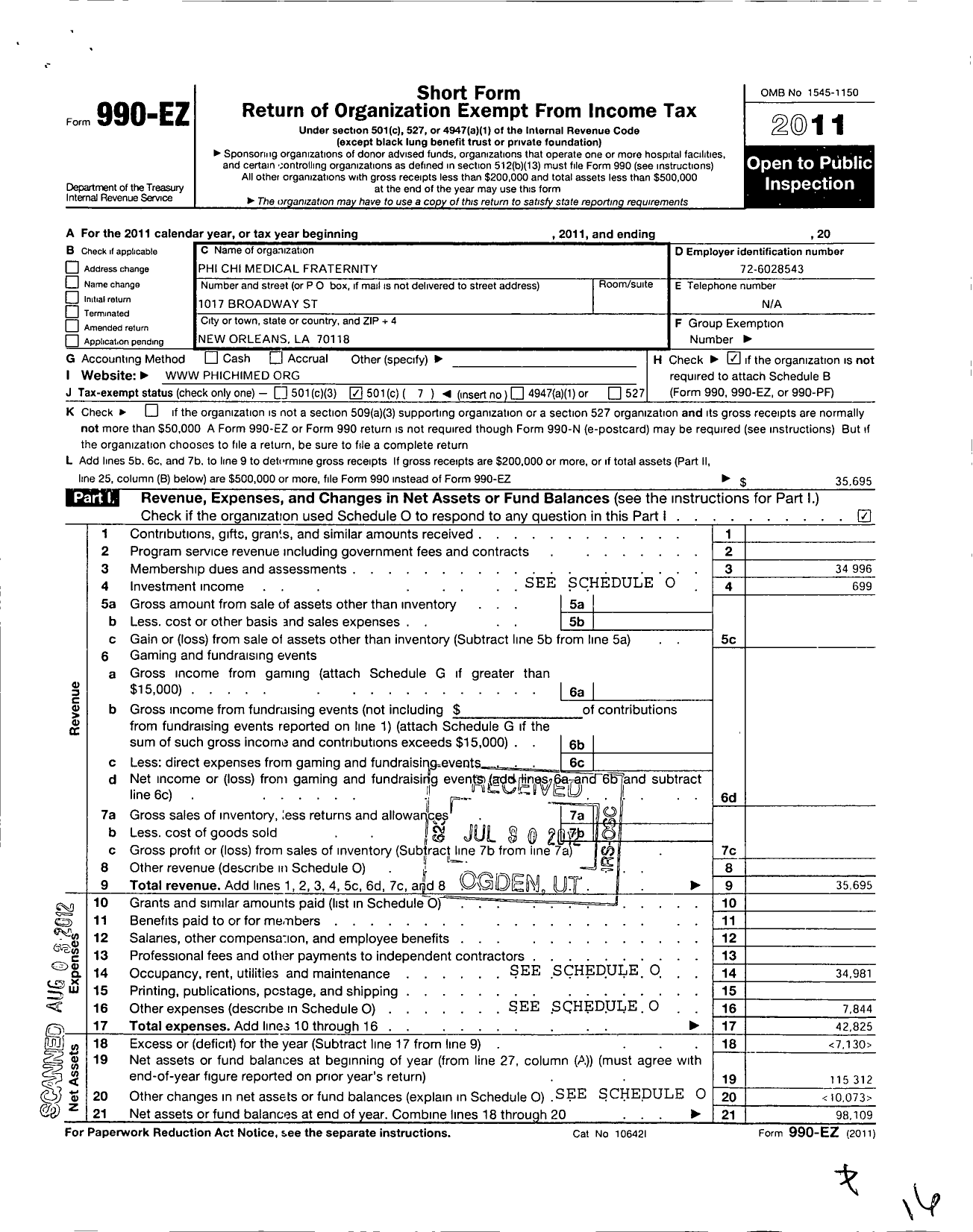 Image of first page of 2011 Form 990EO for Phi Chi Medical Fraternity / Omicron Chapter