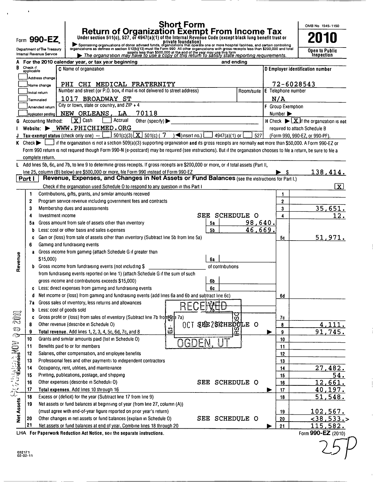 Image of first page of 2010 Form 990EO for Phi Chi Medical Fraternity / Omicron Chapter