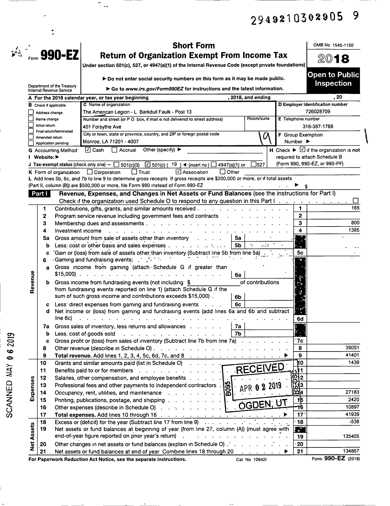 Image of first page of 2018 Form 990EO for American Legion - 13 Post Barkdull Faulk