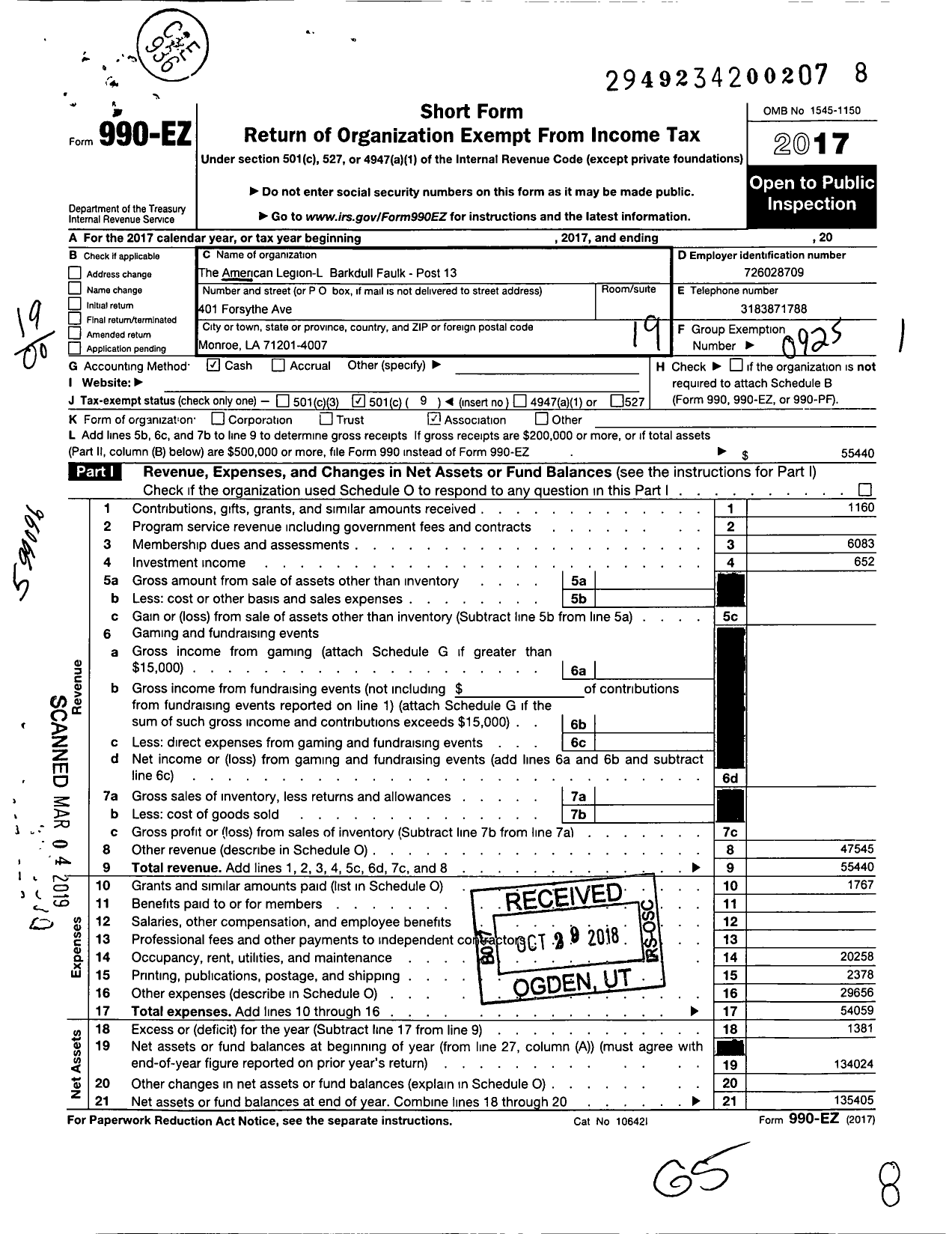 Image of first page of 2017 Form 990EO for American Legion - 13 Post Barkdull Faulk