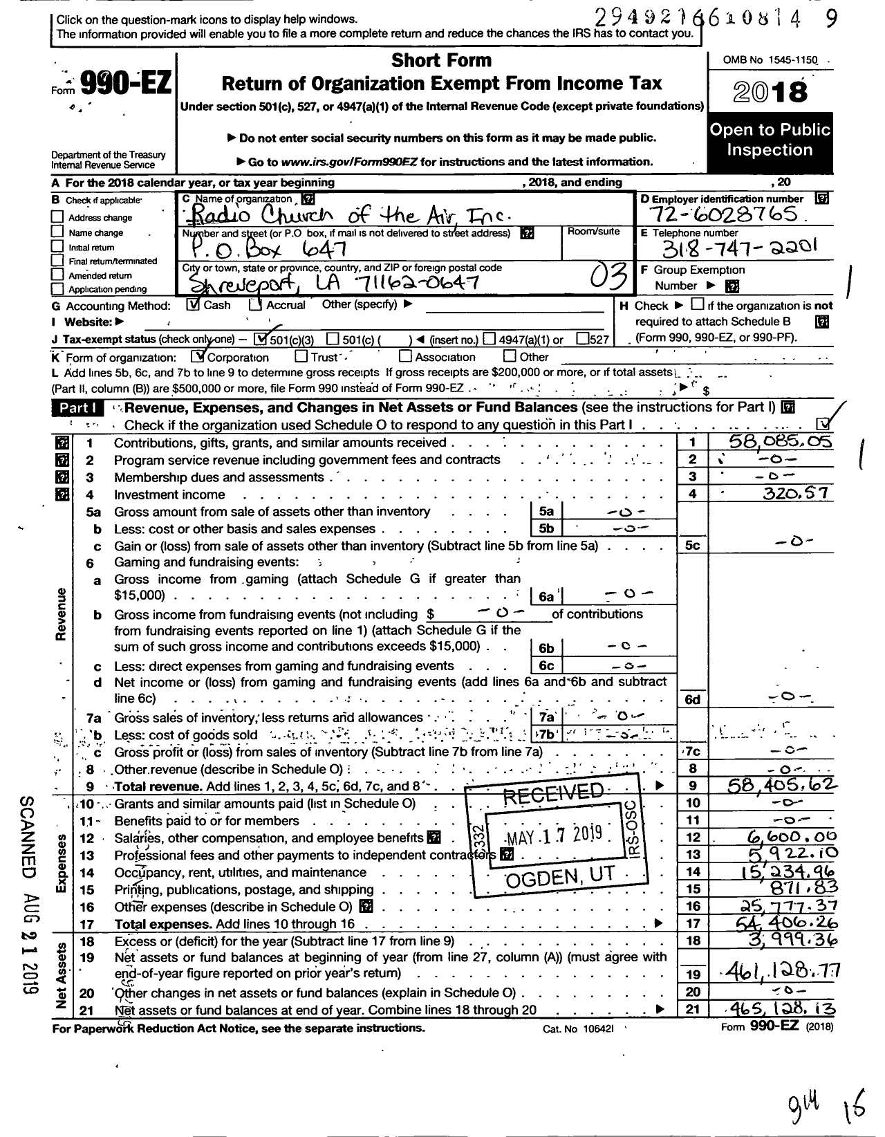 Image of first page of 2018 Form 990EZ for Radio Church of the Air Inc Or Grace Tabernacle