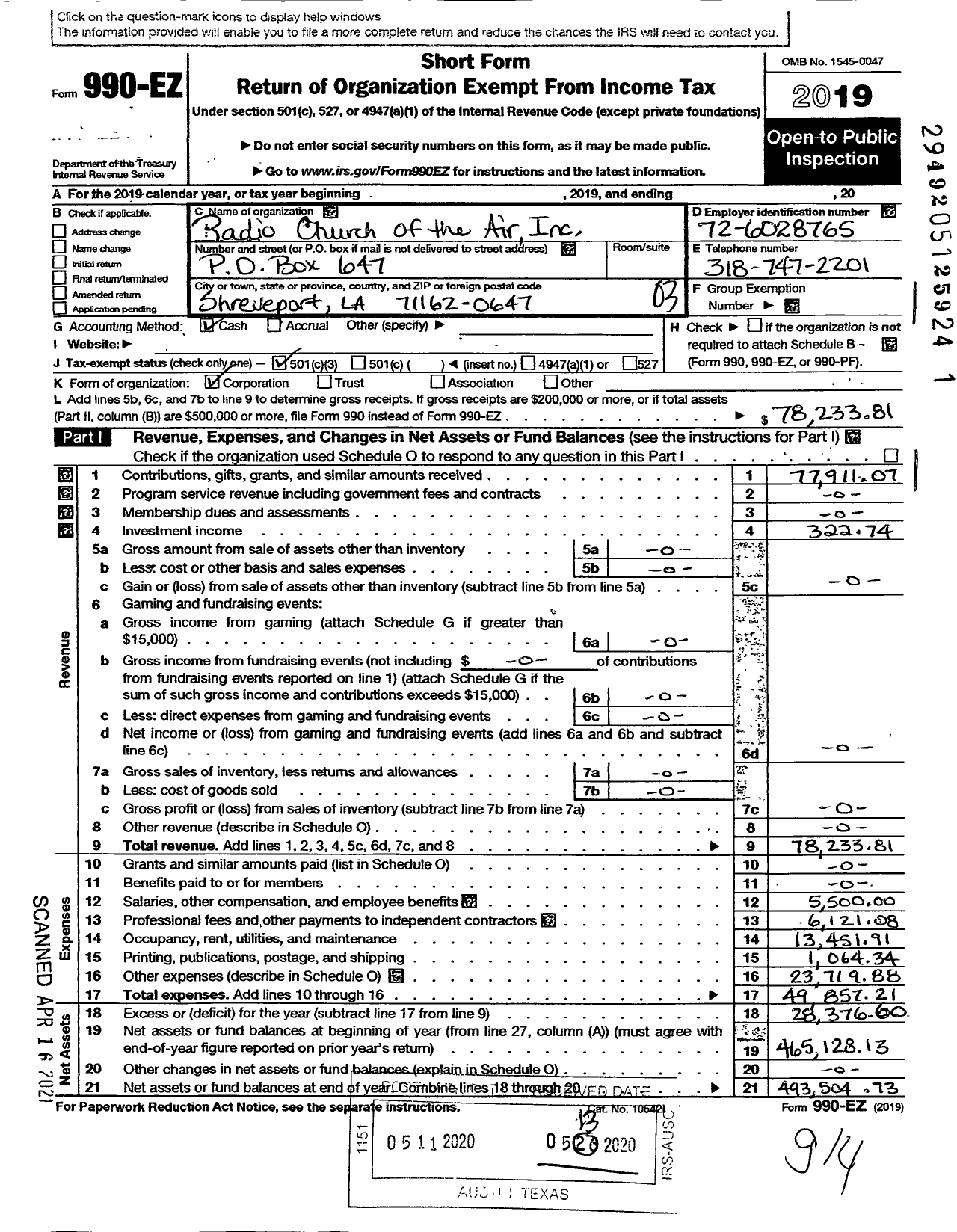 Image of first page of 2019 Form 990EZ for Radio Church of the Air Inc Or Grace Tabernacle