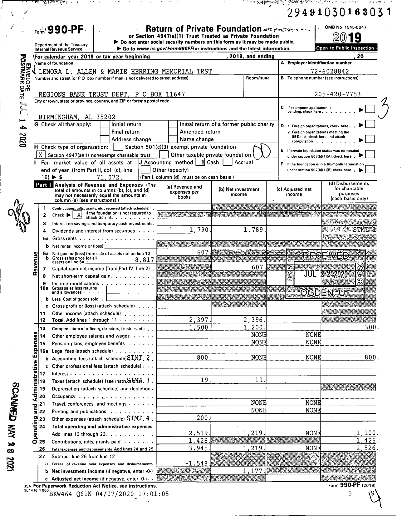 Image of first page of 2019 Form 990PF for Lenora L Allen and Marie Herring Memorial TRST