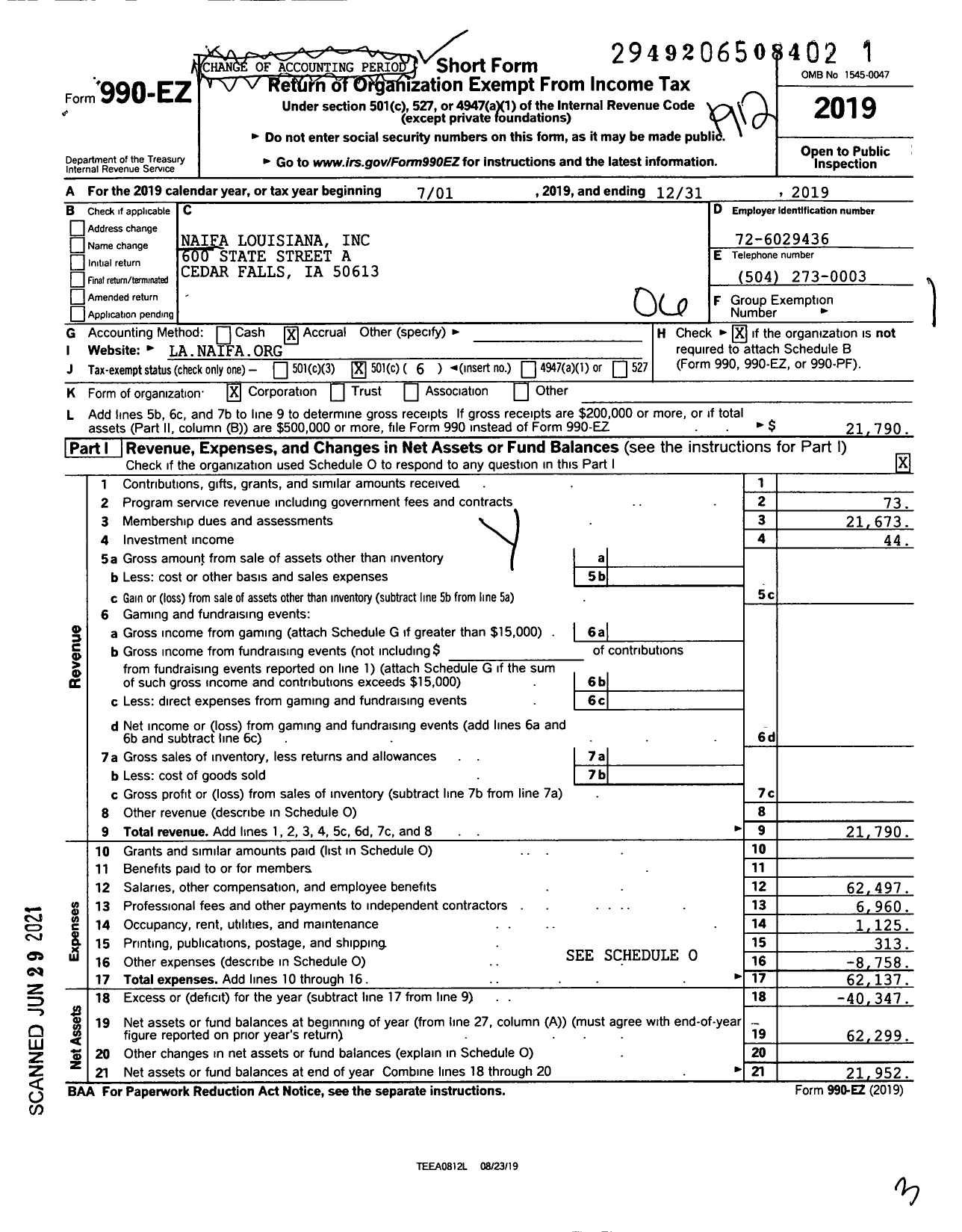 Image of first page of 2019 Form 990EO for NAIFA Louisiana