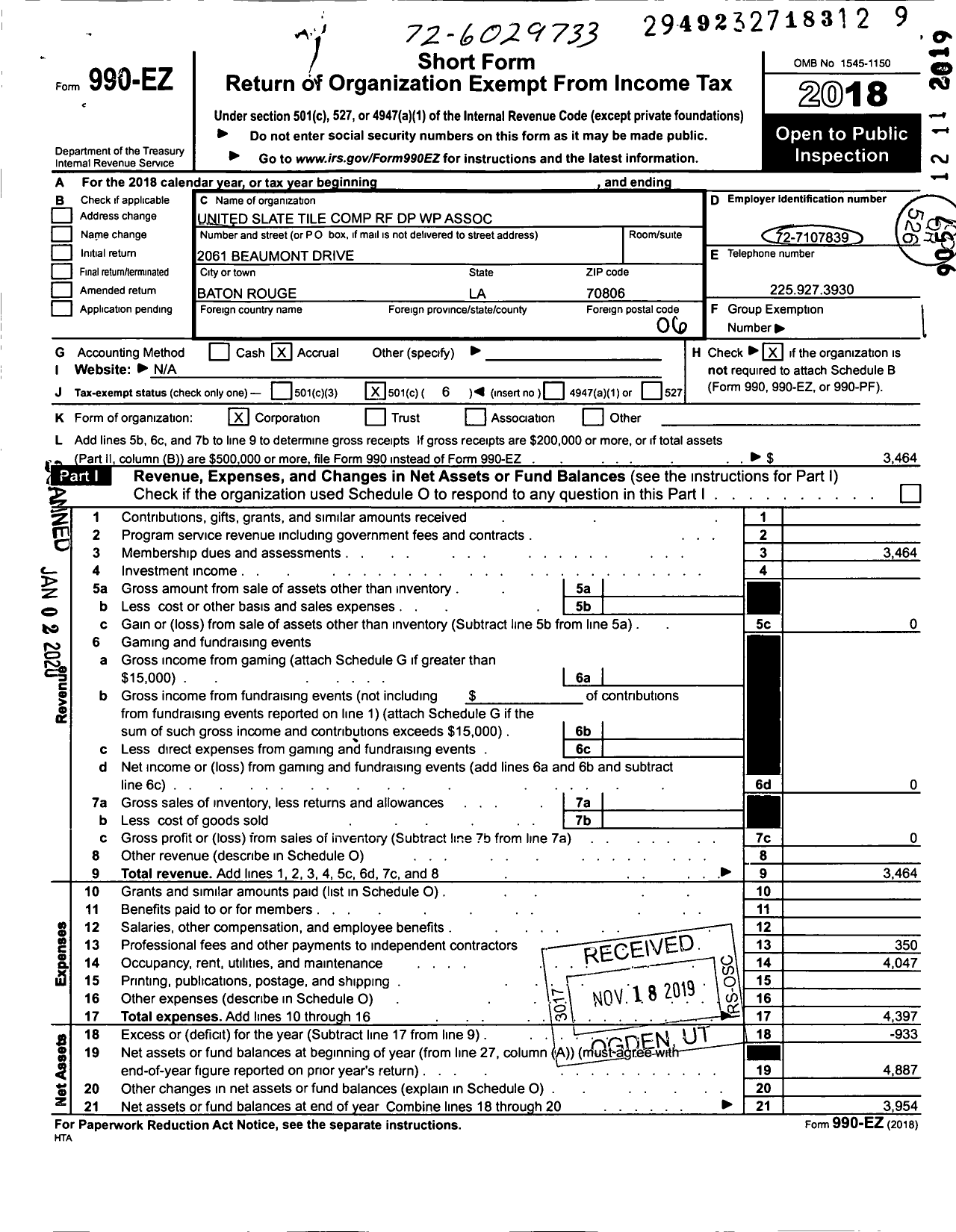 Image of first page of 2018 Form 990EO for United Slate Tile and Comp RF DP WK Association