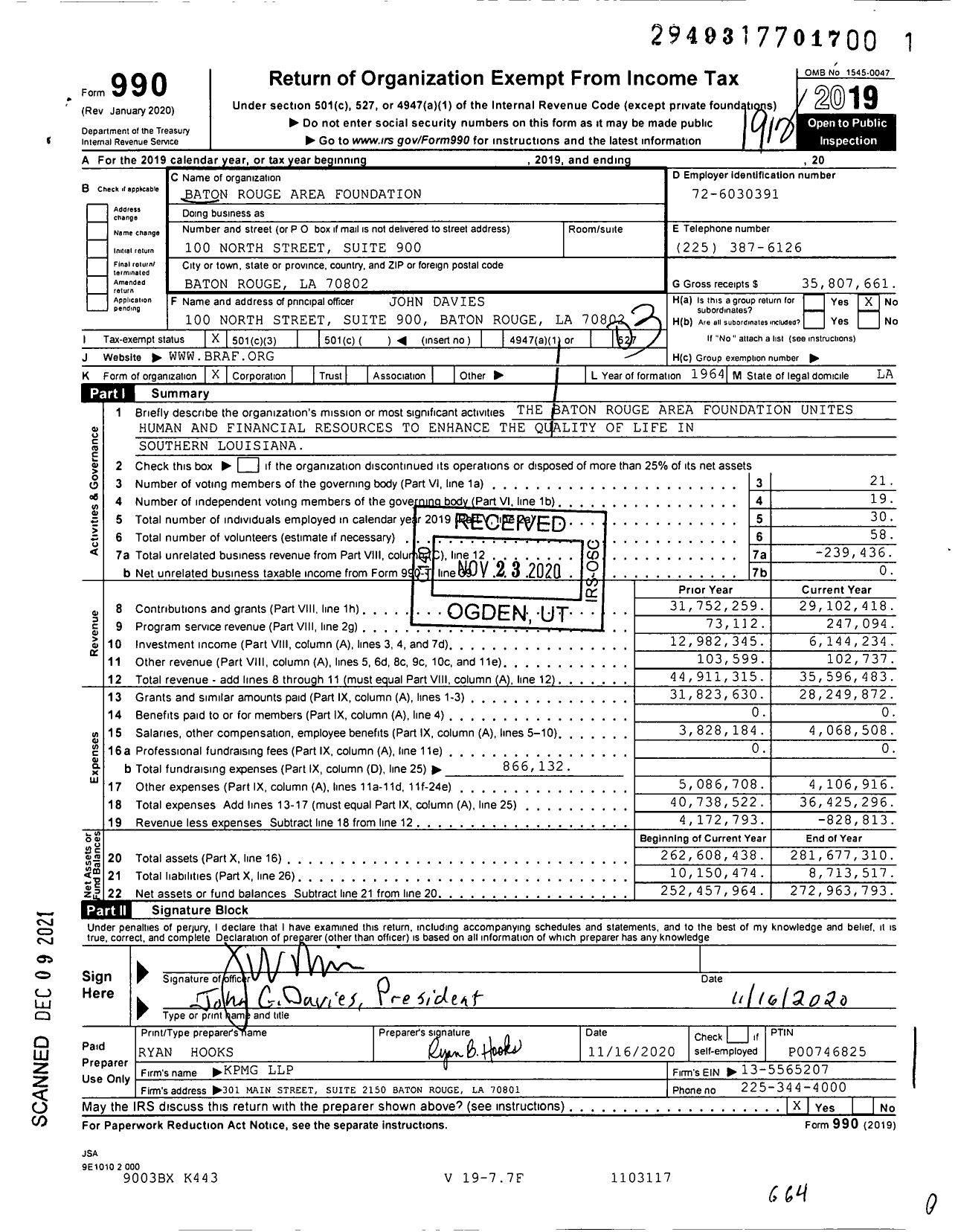 Image of first page of 2019 Form 990 for Baton Rouge Area Foundation