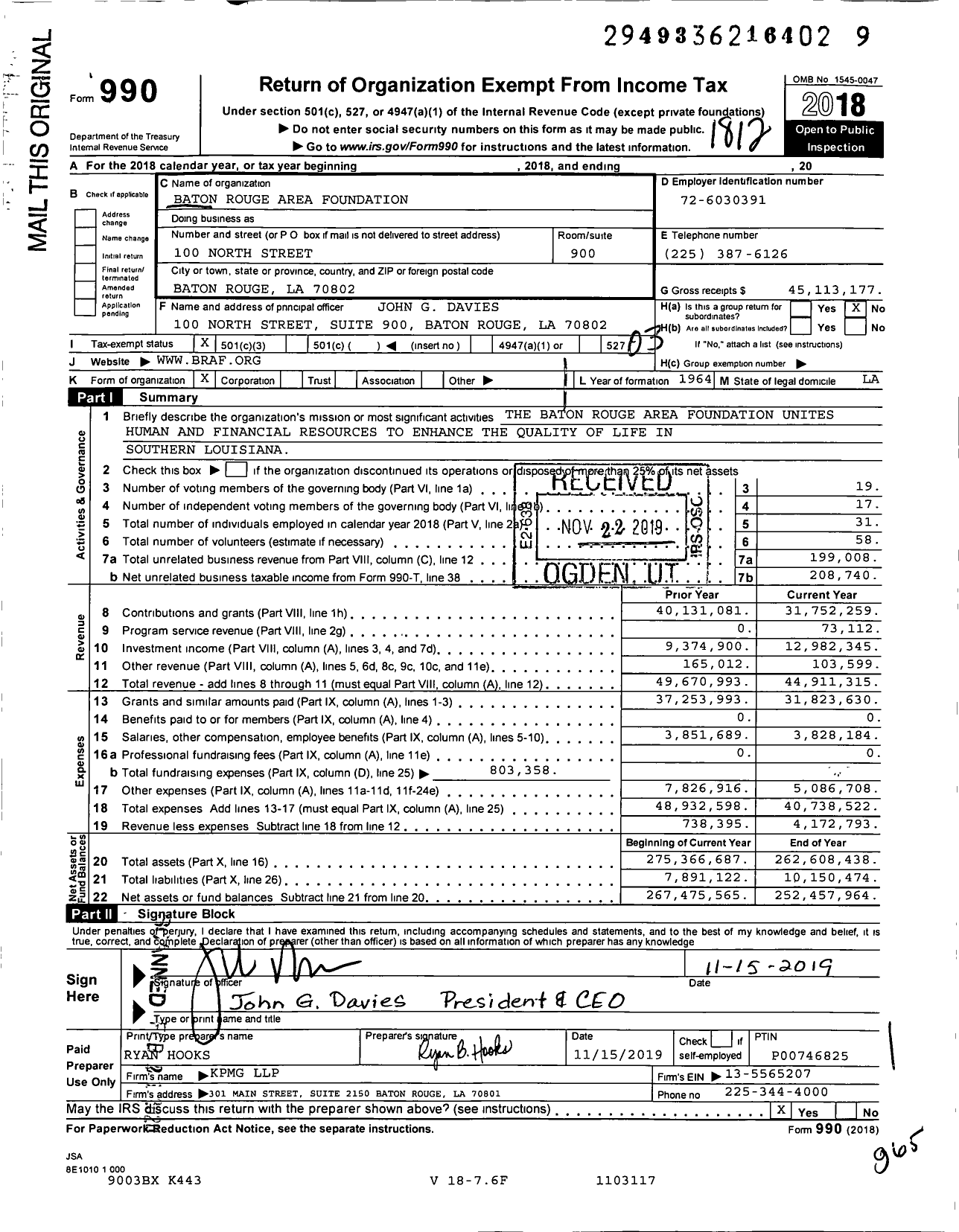 Image of first page of 2018 Form 990 for Baton Rouge Area Foundation