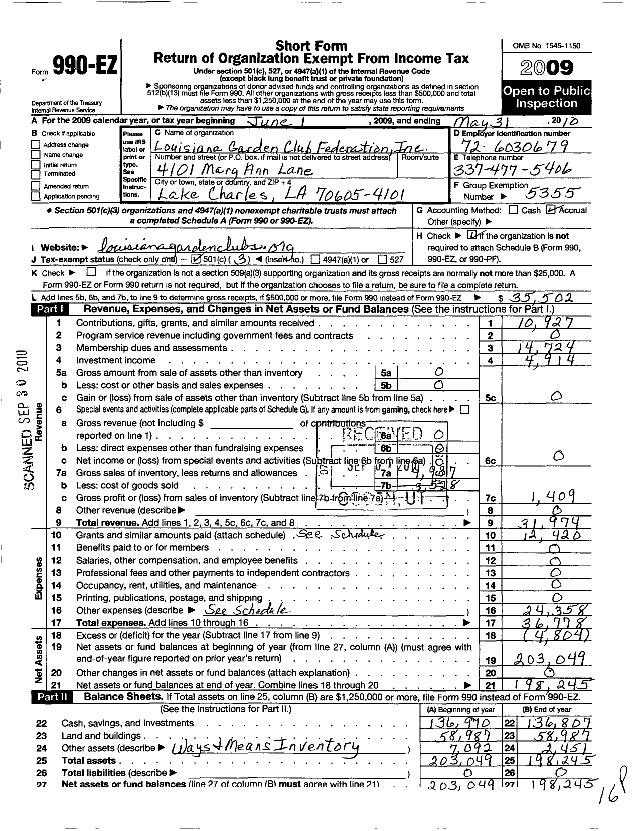 Image of first page of 2009 Form 990EZ for Louisiana Garden Club Federation