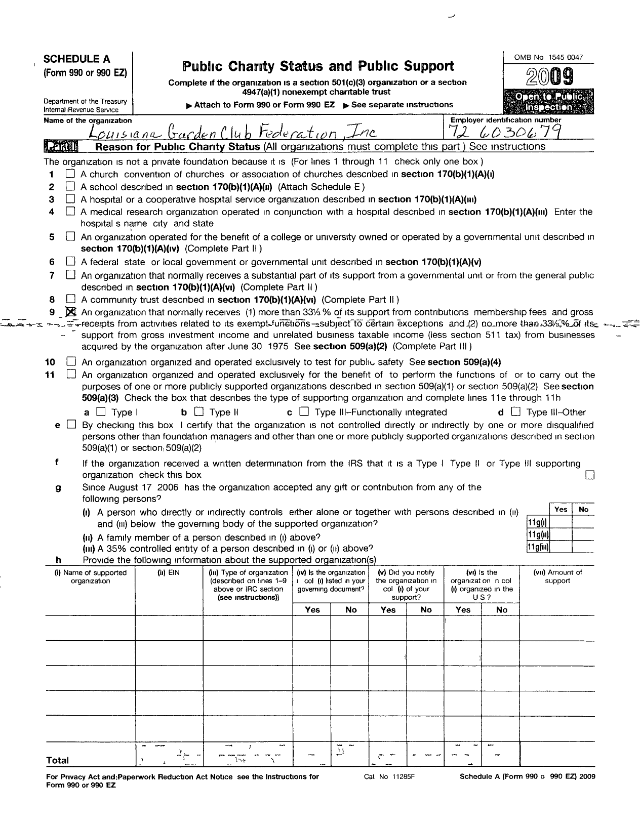 Image of first page of 2009 Form 990ER for Louisiana Garden Club Federation