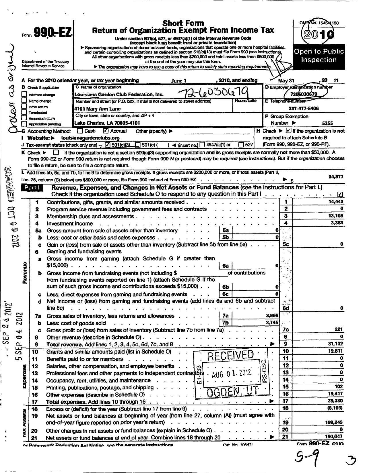 Image of first page of 2010 Form 990EZ for Louisiana Garden Club Federation